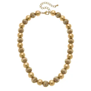Maren Ribbed Metal Ball Bead Necklace in Worn Gold