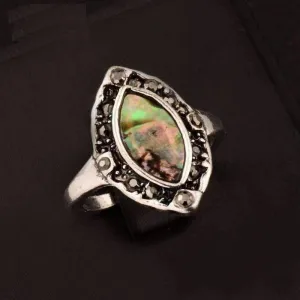 Marquis Abalone Shell and Black Crystal Vintage Silver Ring
