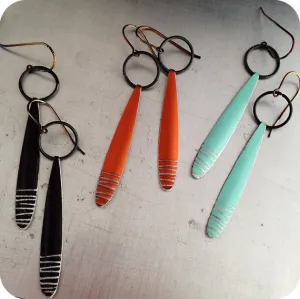 Matte Charcoal Silver Lined Long Teardrops Upcycled Tin Earrings