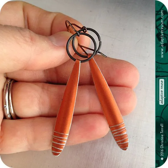 Matte Charcoal Silver Lined Long Teardrops Upcycled Tin Earrings