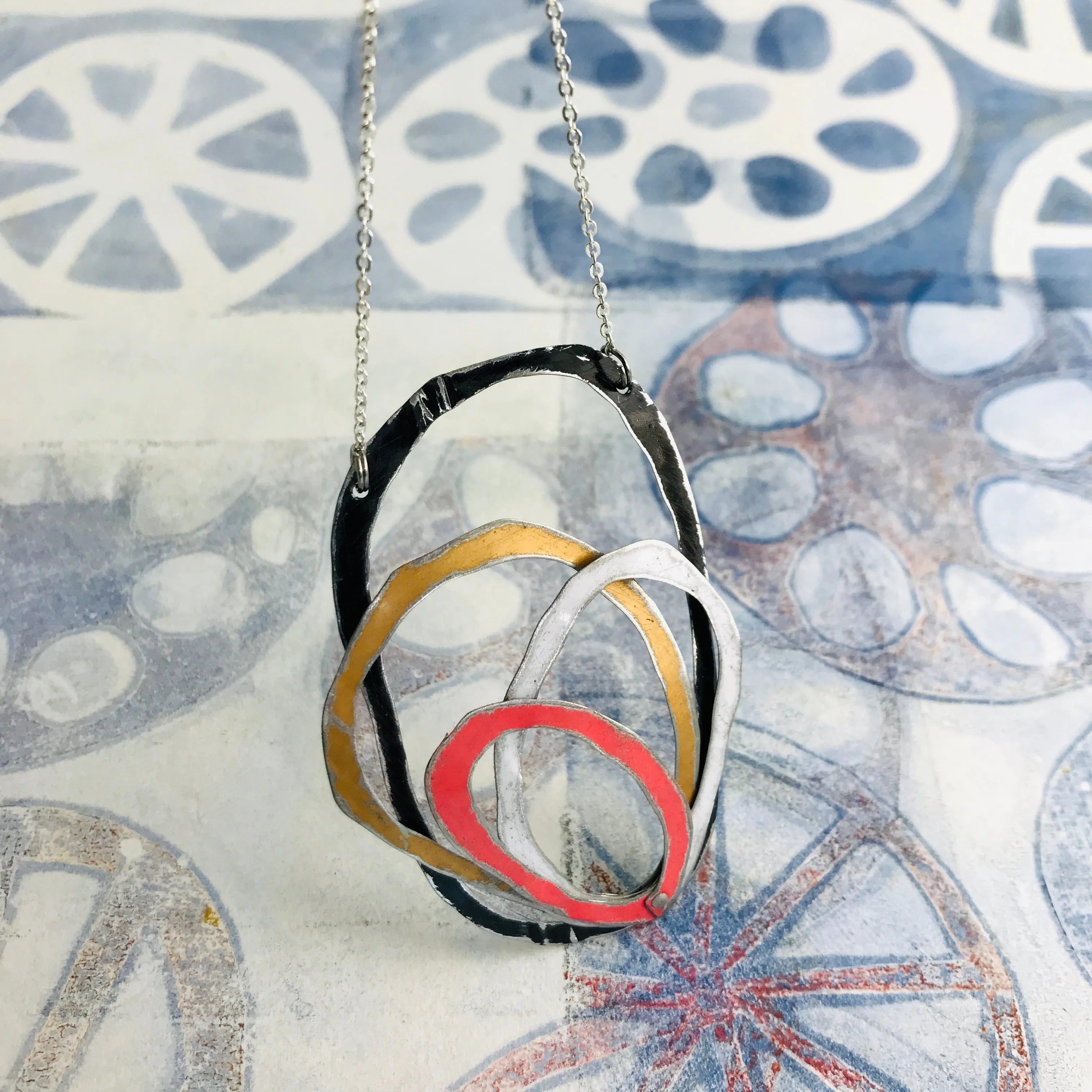 Midnight, Gold, White & Pink Scribbles Upcycled Tin Necklace