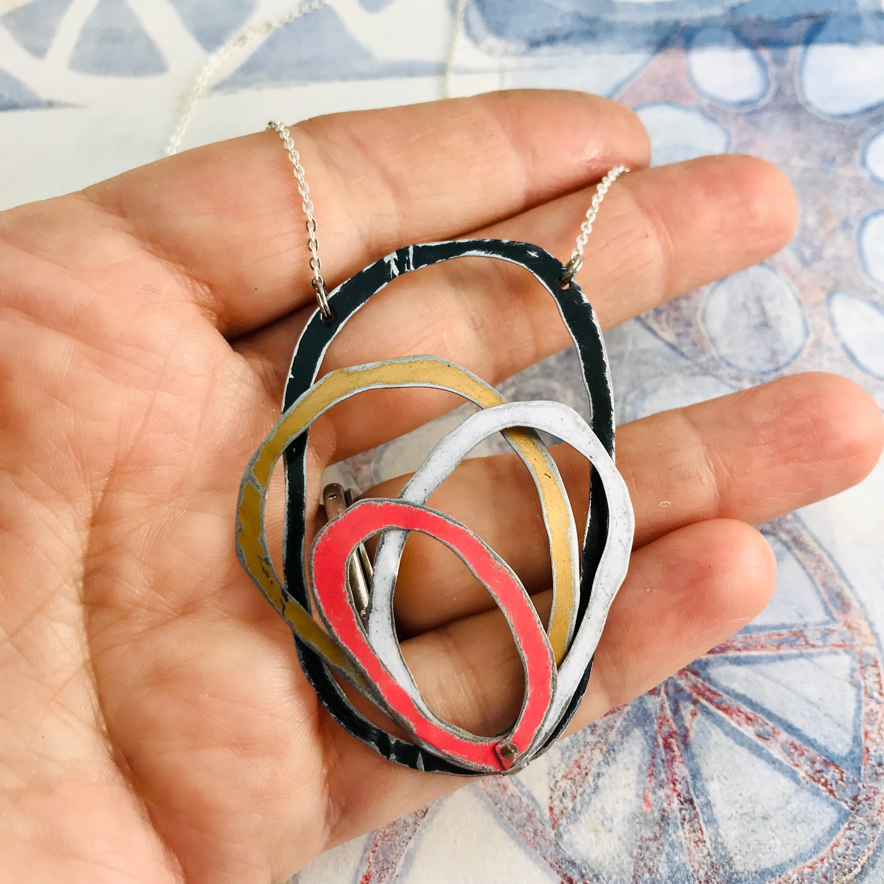 Midnight, Gold, White & Pink Scribbles Upcycled Tin Necklace