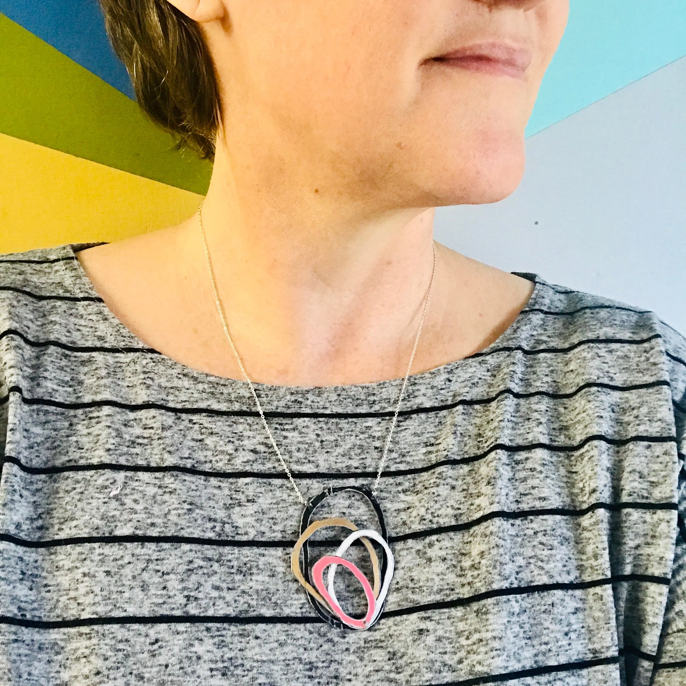 Midnight, Gold, White & Pink Scribbles Upcycled Tin Necklace