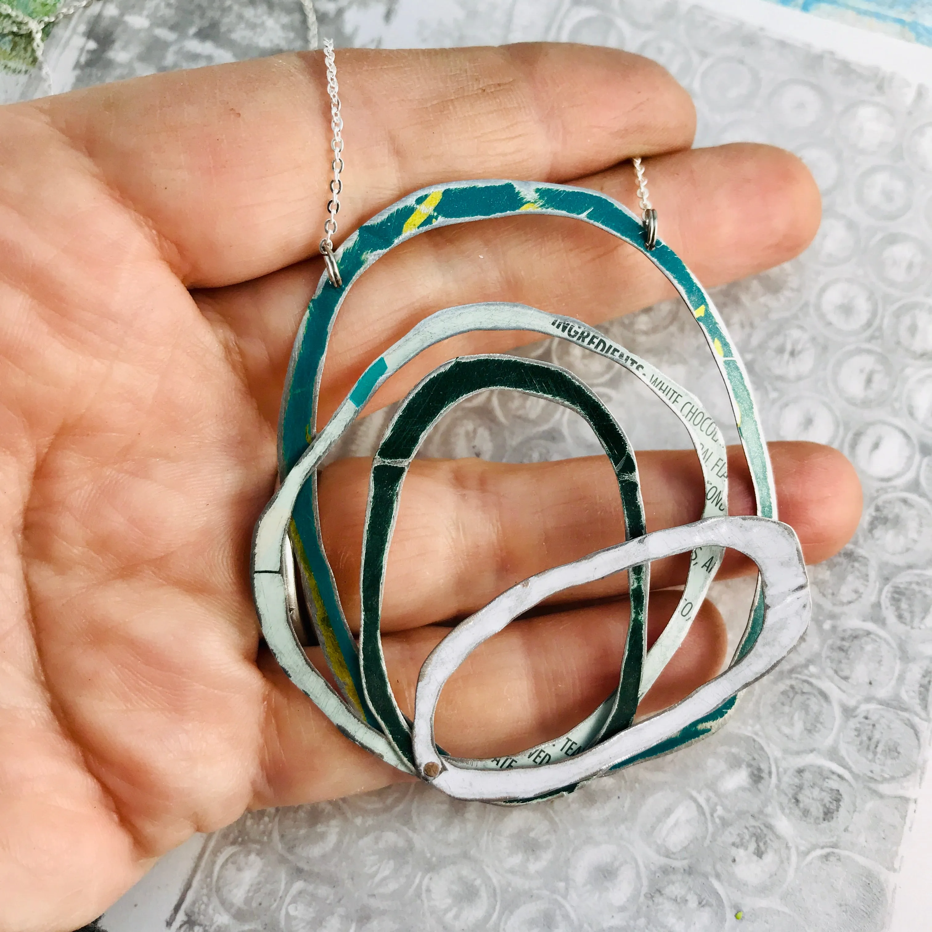 Mixed Greens & White Scribbles Upcycled Tin Necklace