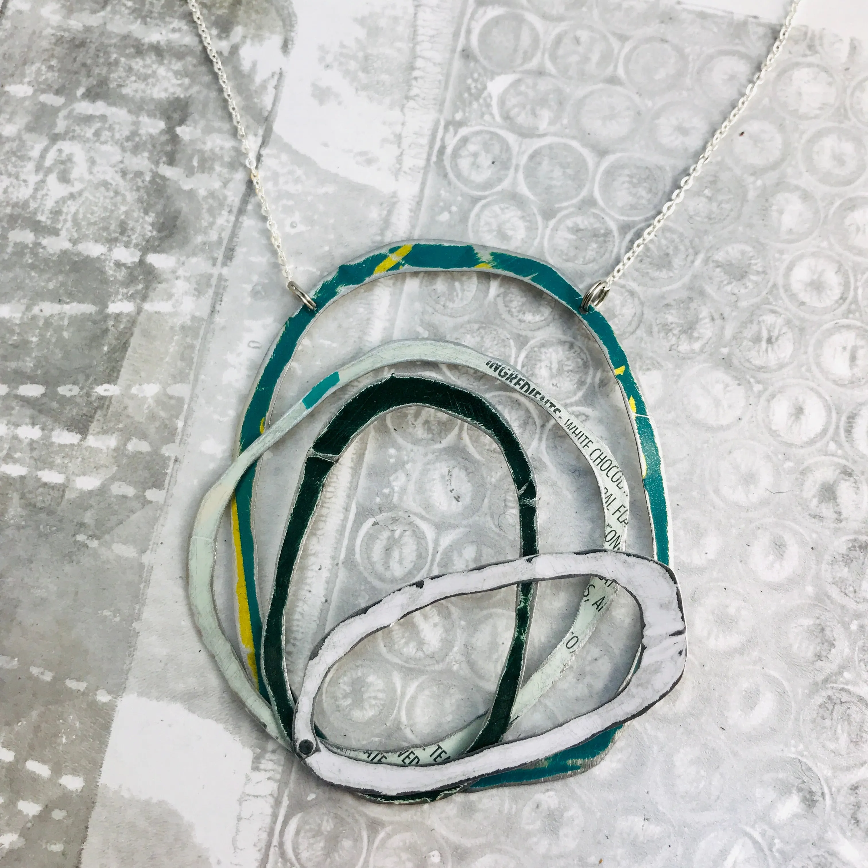 Mixed Greens & White Scribbles Upcycled Tin Necklace