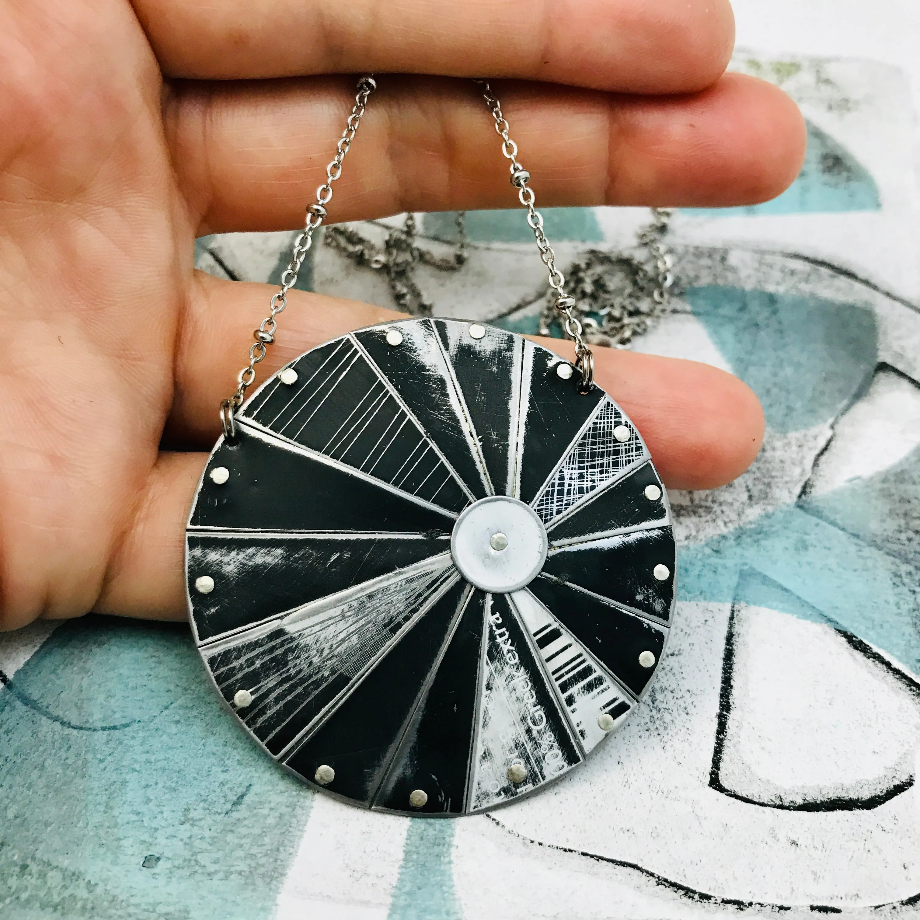 Mostly Black Tin Color Wheel Necklace