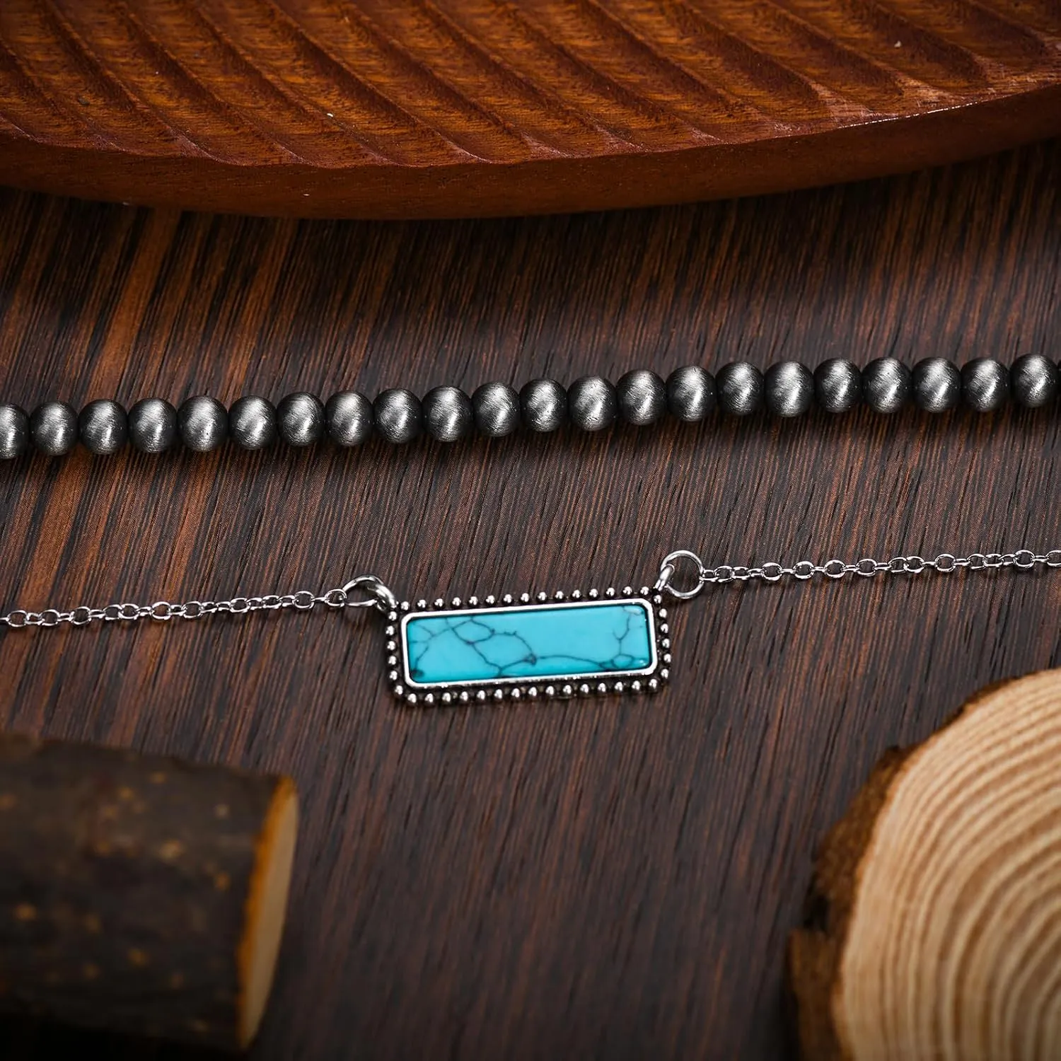 Navajo Pearl Necklace Western Jewelry for Women Turquoise Heart Bar Pendant Necklace Layered Boho Beaded Choker Necklace for Women