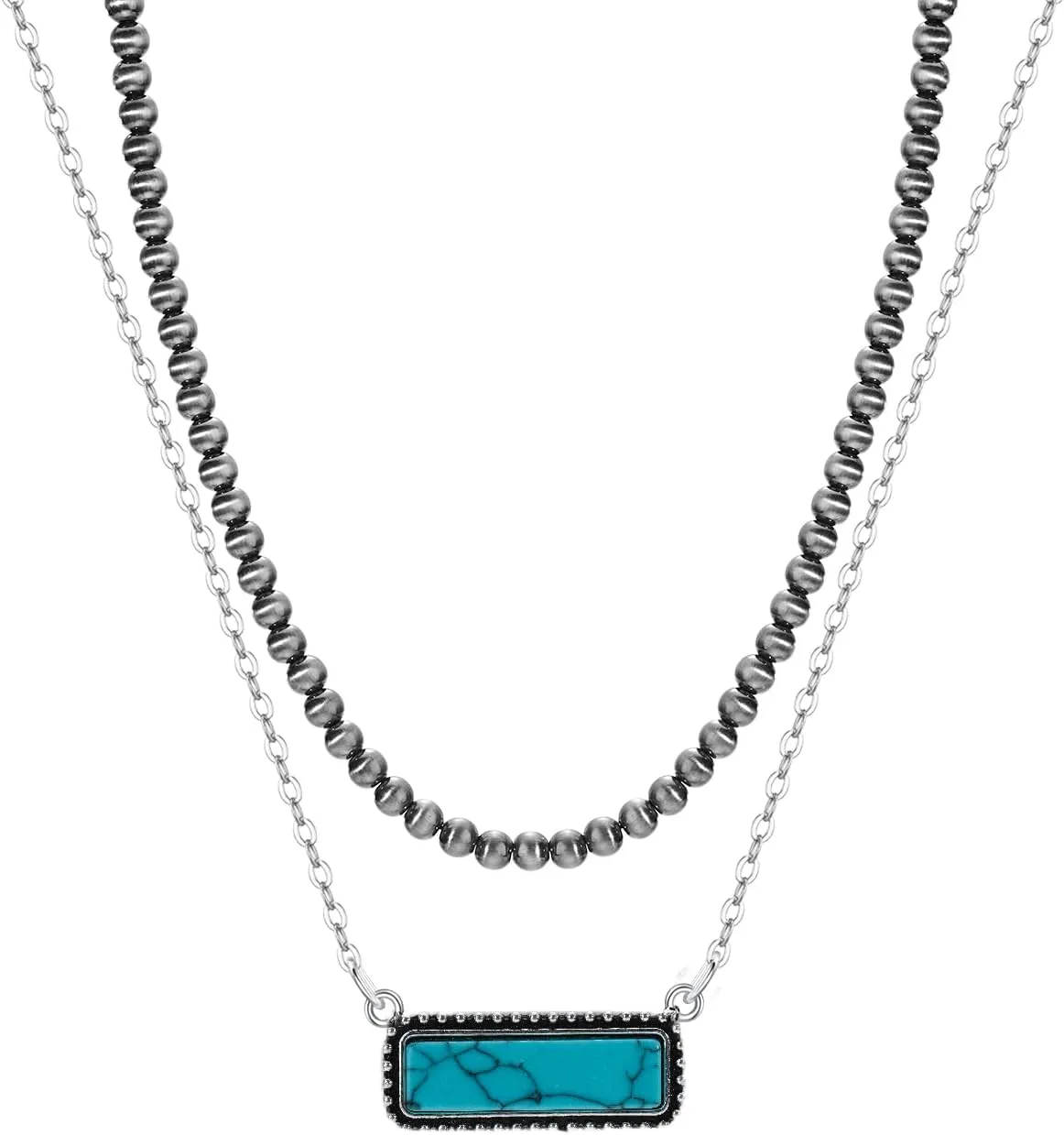 Navajo Pearl Necklace Western Jewelry for Women Turquoise Heart Bar Pendant Necklace Layered Boho Beaded Choker Necklace for Women