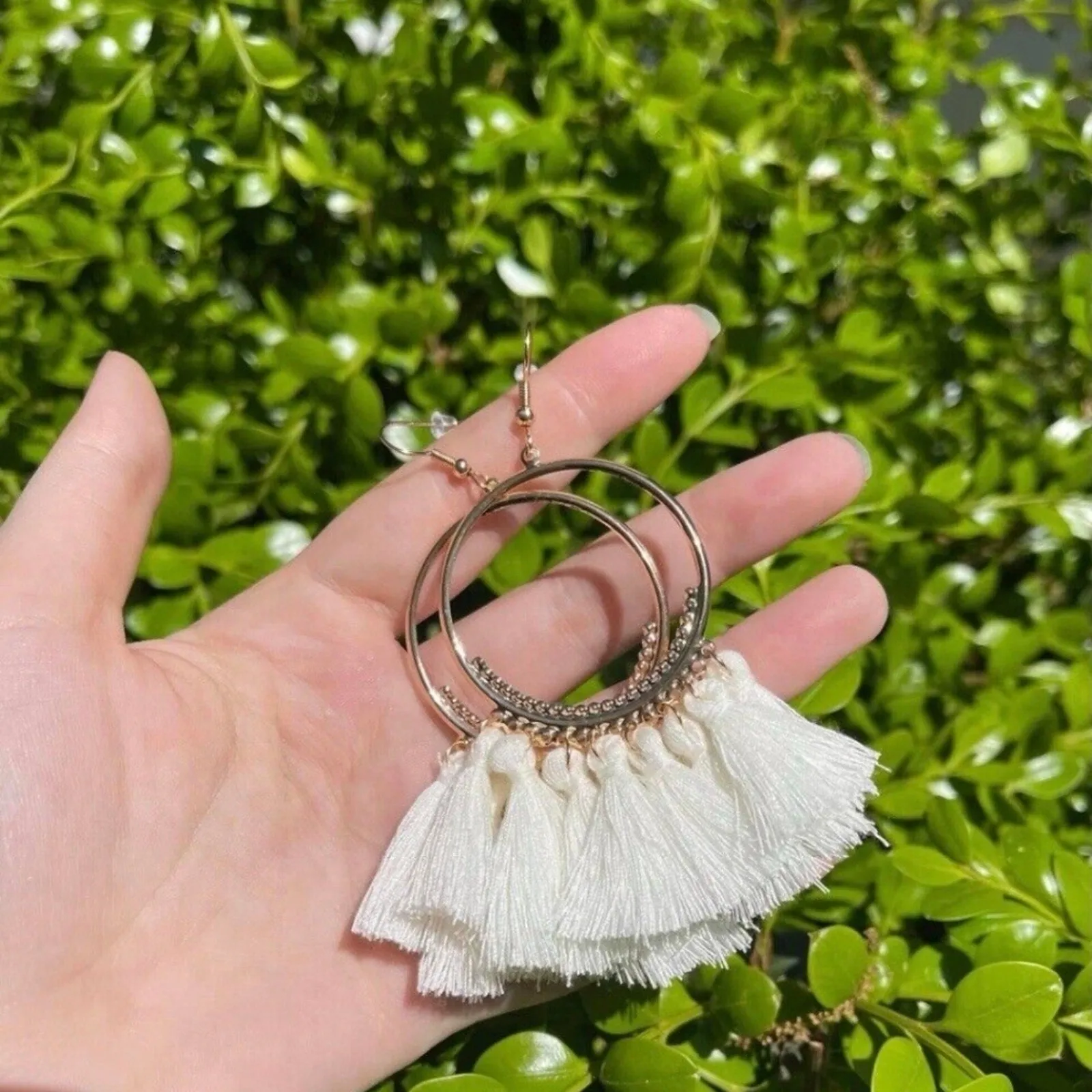 NWT White Fringe Hoop Earrings