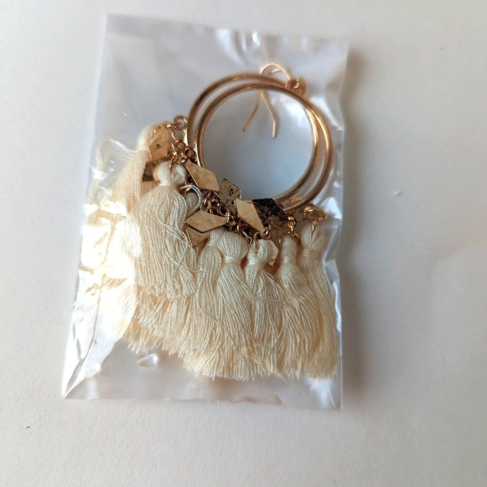 NWT White Fringe Hoop Earrings