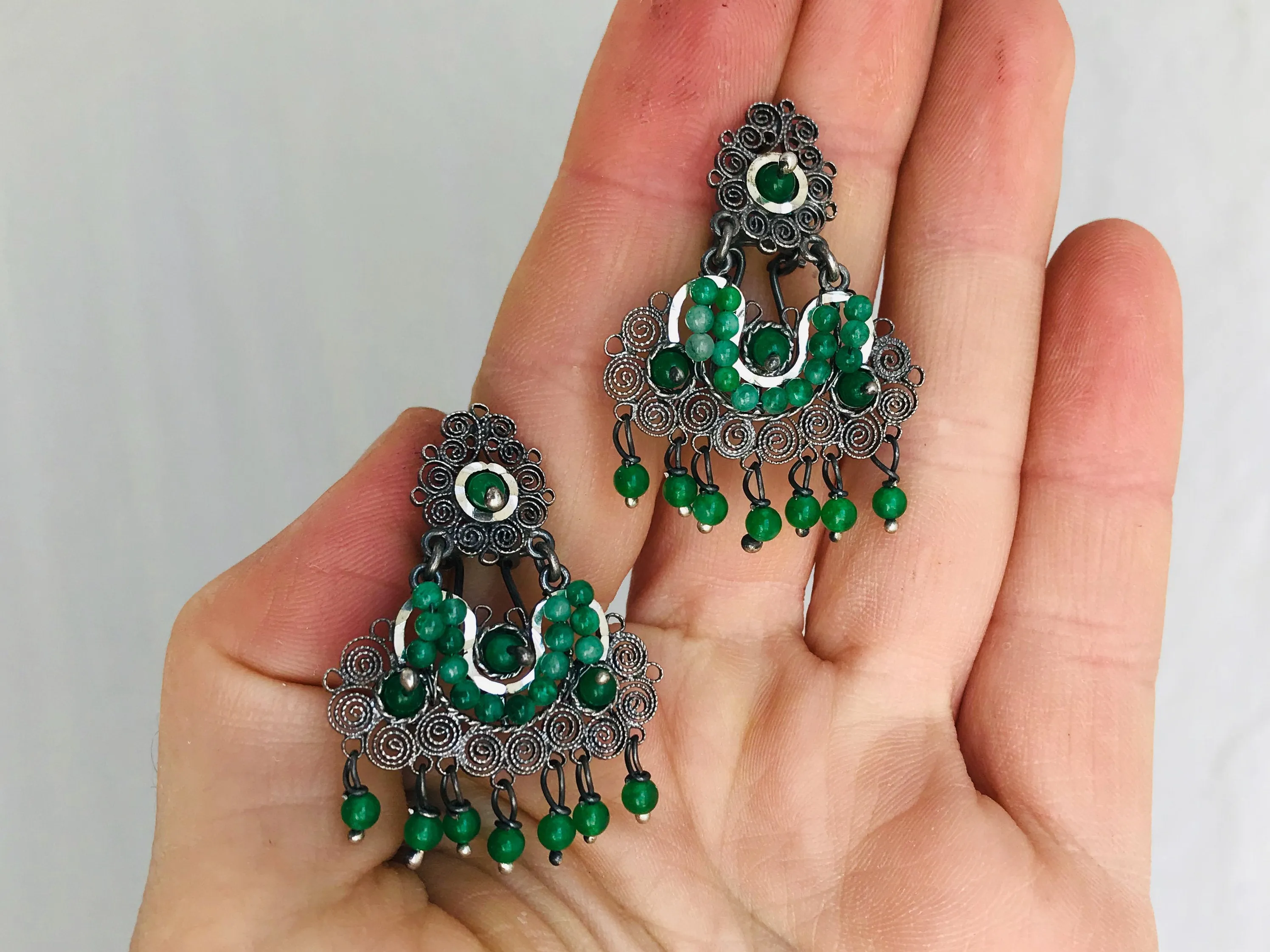 Oaxacan Filigree Earrings. Jade & Sterling Silver. Mexico. Frida Kahlo