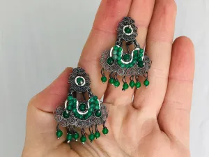 Oaxacan Filigree Earrings. Jade & Sterling Silver. Mexico. Frida Kahlo
