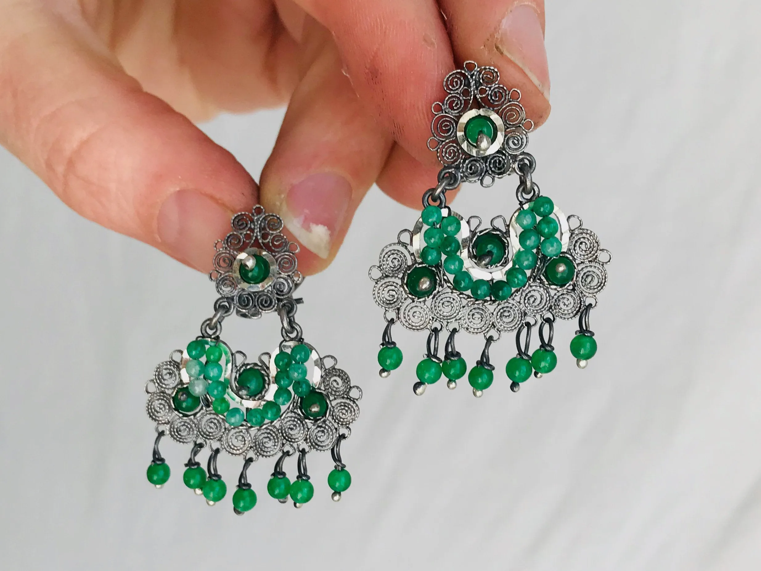 Oaxacan Filigree Earrings. Jade & Sterling Silver. Mexico. Frida Kahlo