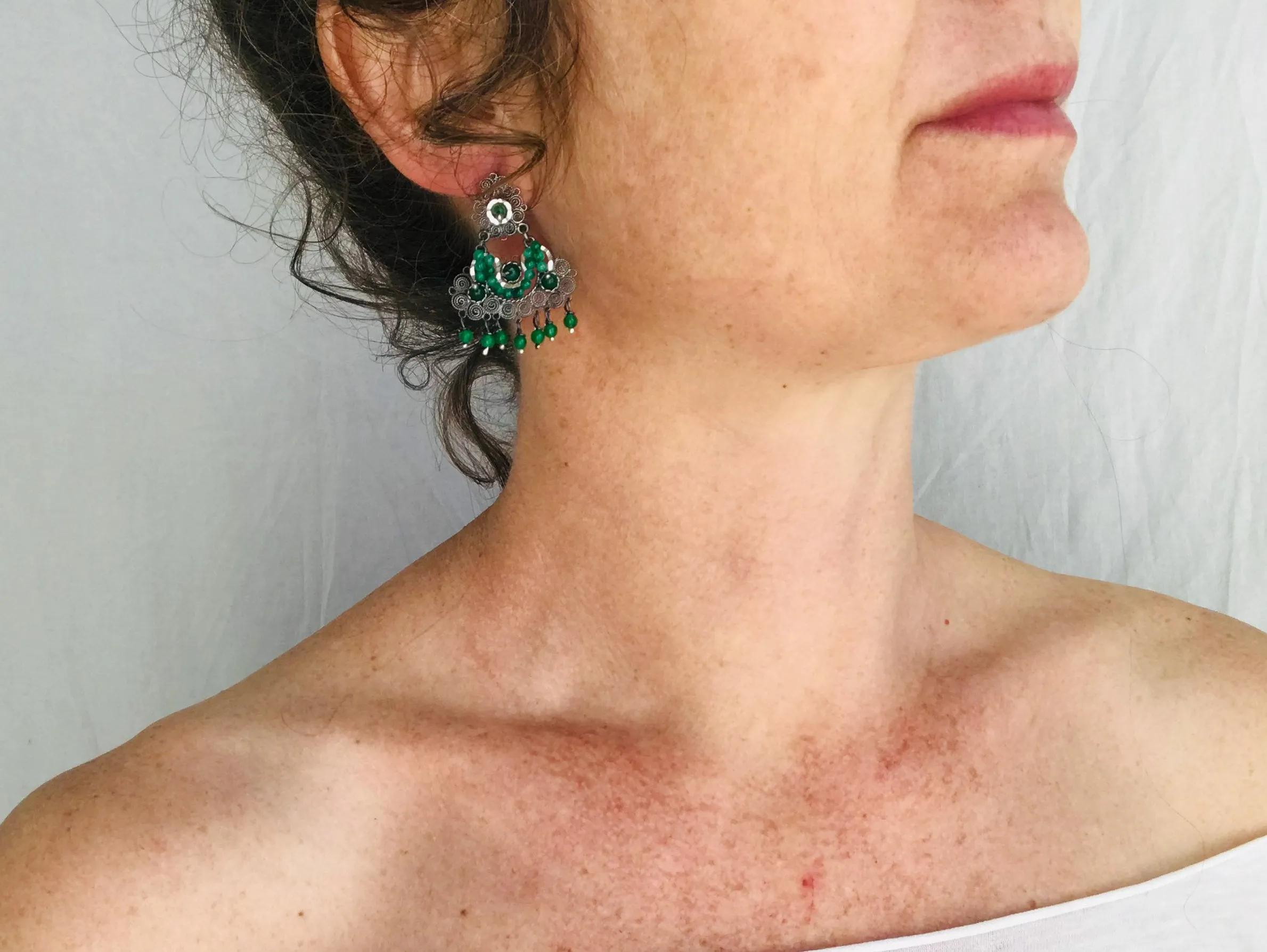 Oaxacan Filigree Earrings. Jade & Sterling Silver. Mexico. Frida Kahlo