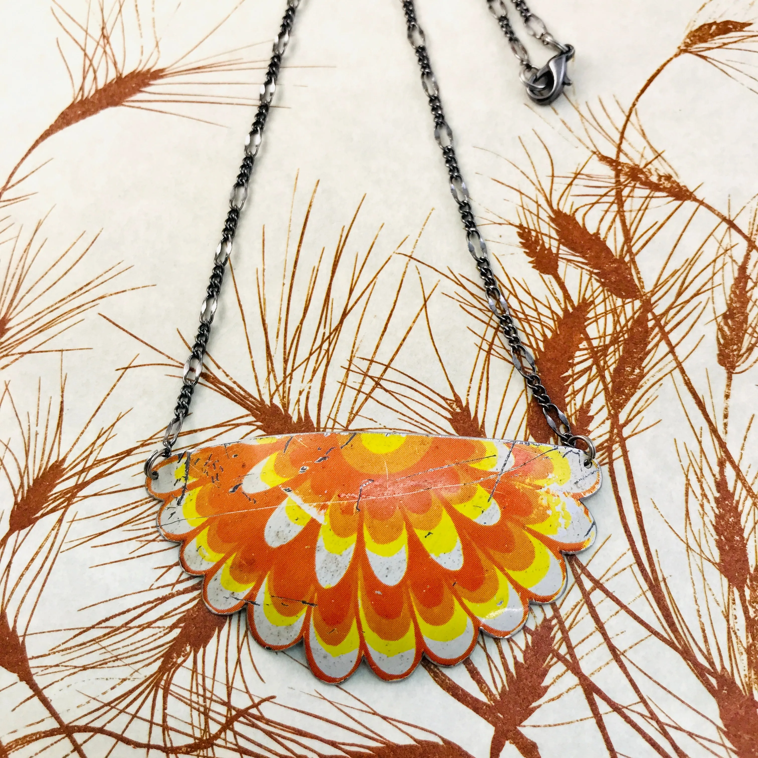 Orange Flower Upcycled Tin Necklace