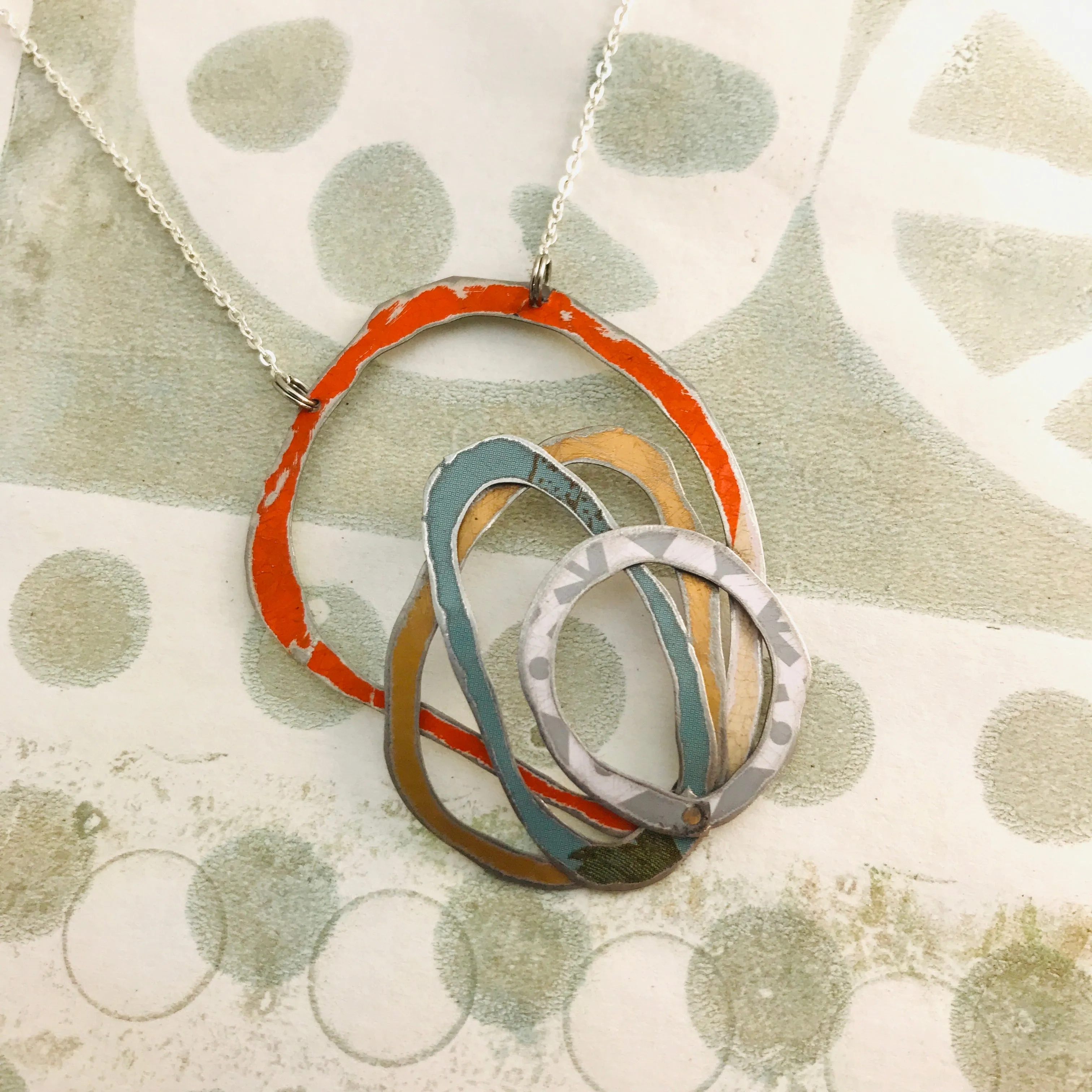 Orange, Gold, Slate & Gray Scribbles Upcycled Tin Necklace