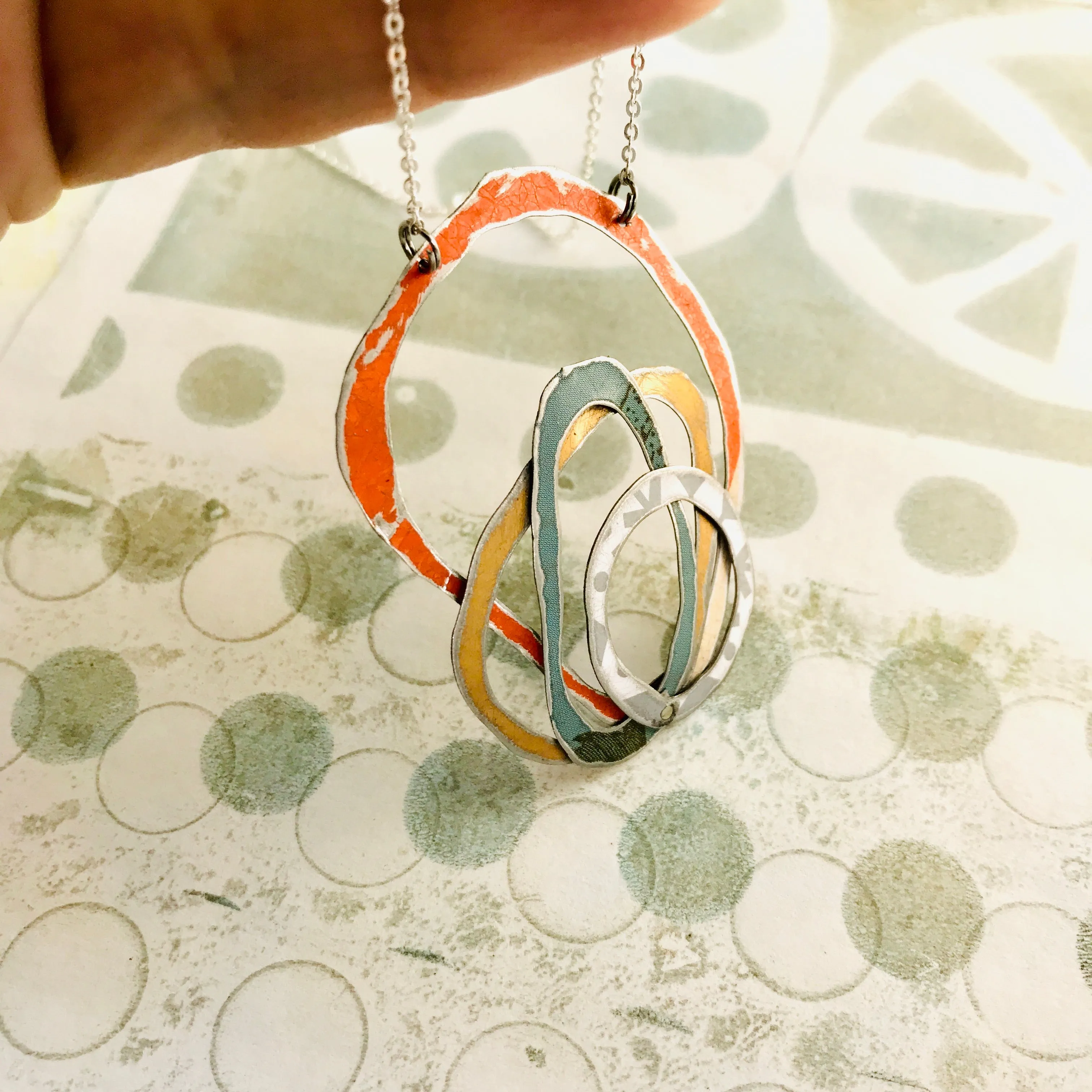 Orange, Gold, Slate & Gray Scribbles Upcycled Tin Necklace