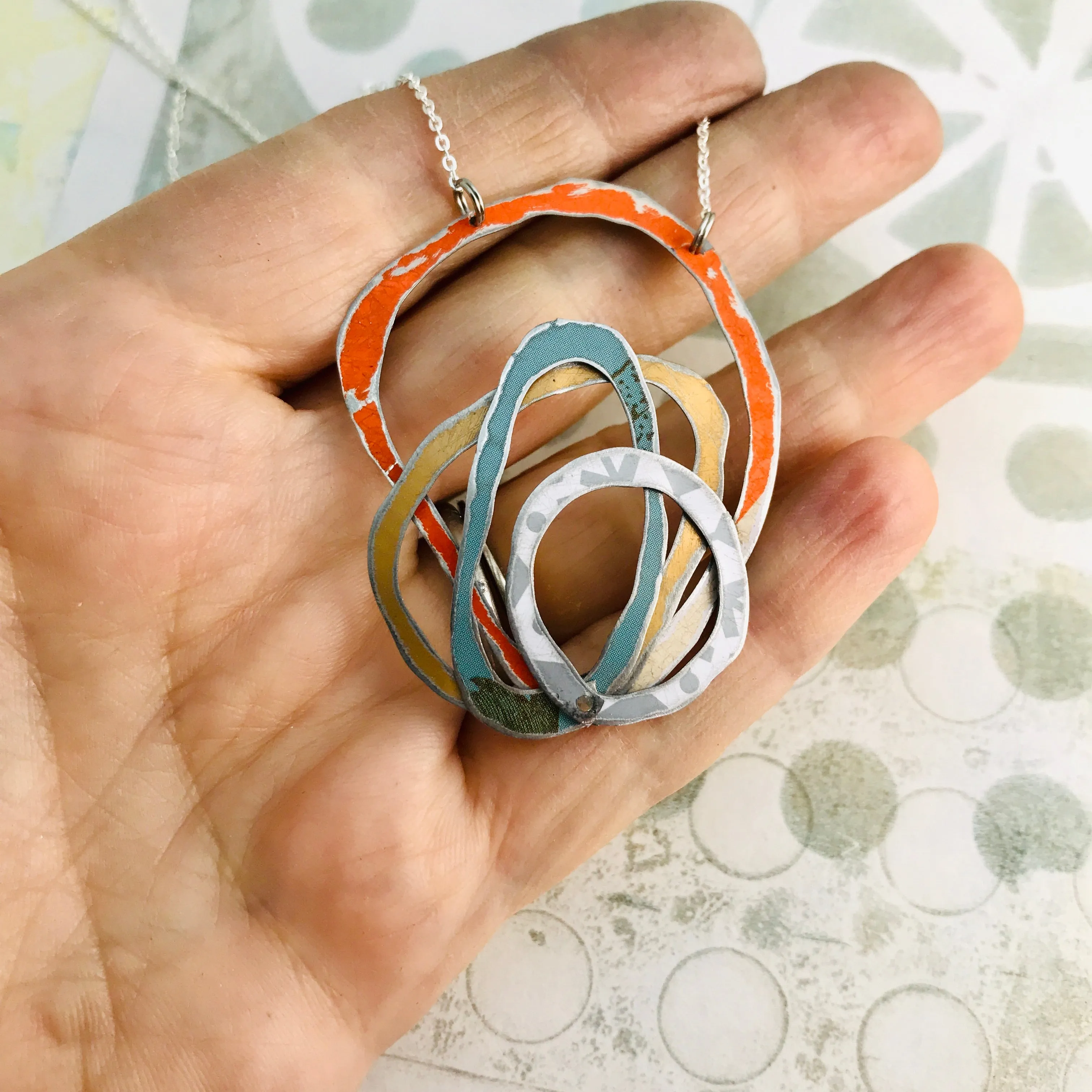 Orange, Gold, Slate & Gray Scribbles Upcycled Tin Necklace