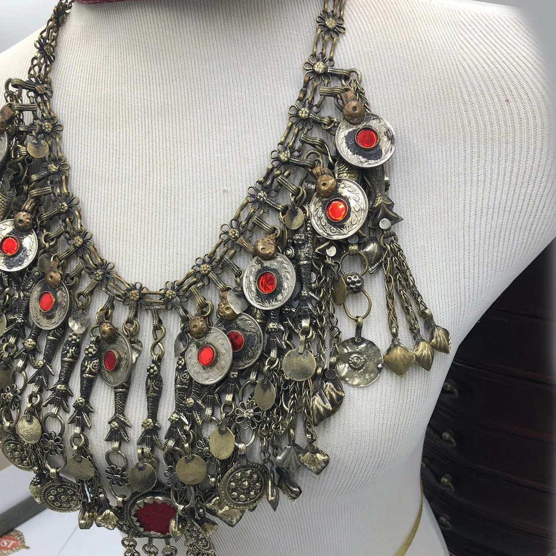Oversized Bib Necklace With Glass Stones and Dangling Tassels