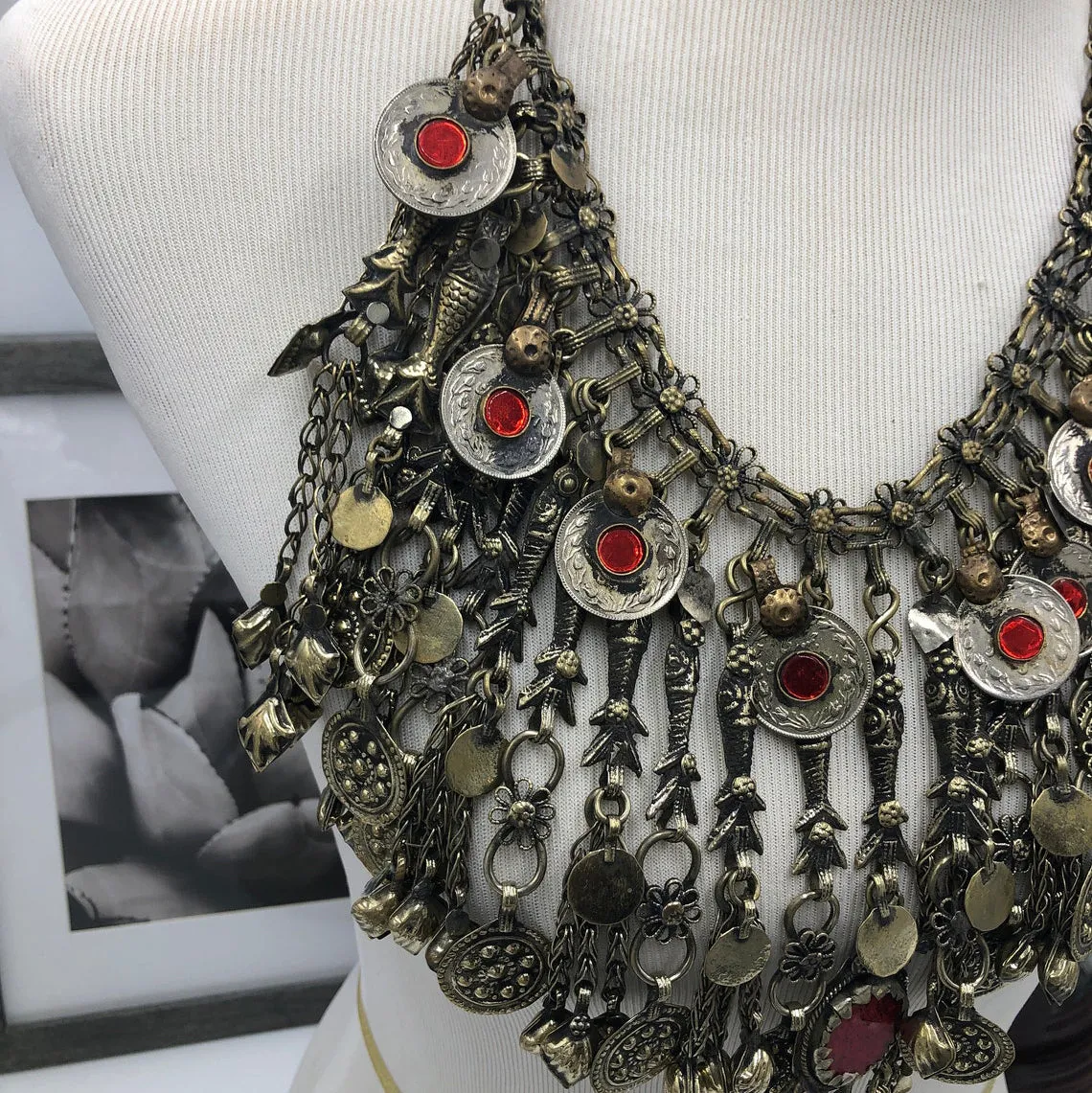Oversized Bib Necklace With Glass Stones and Dangling Tassels
