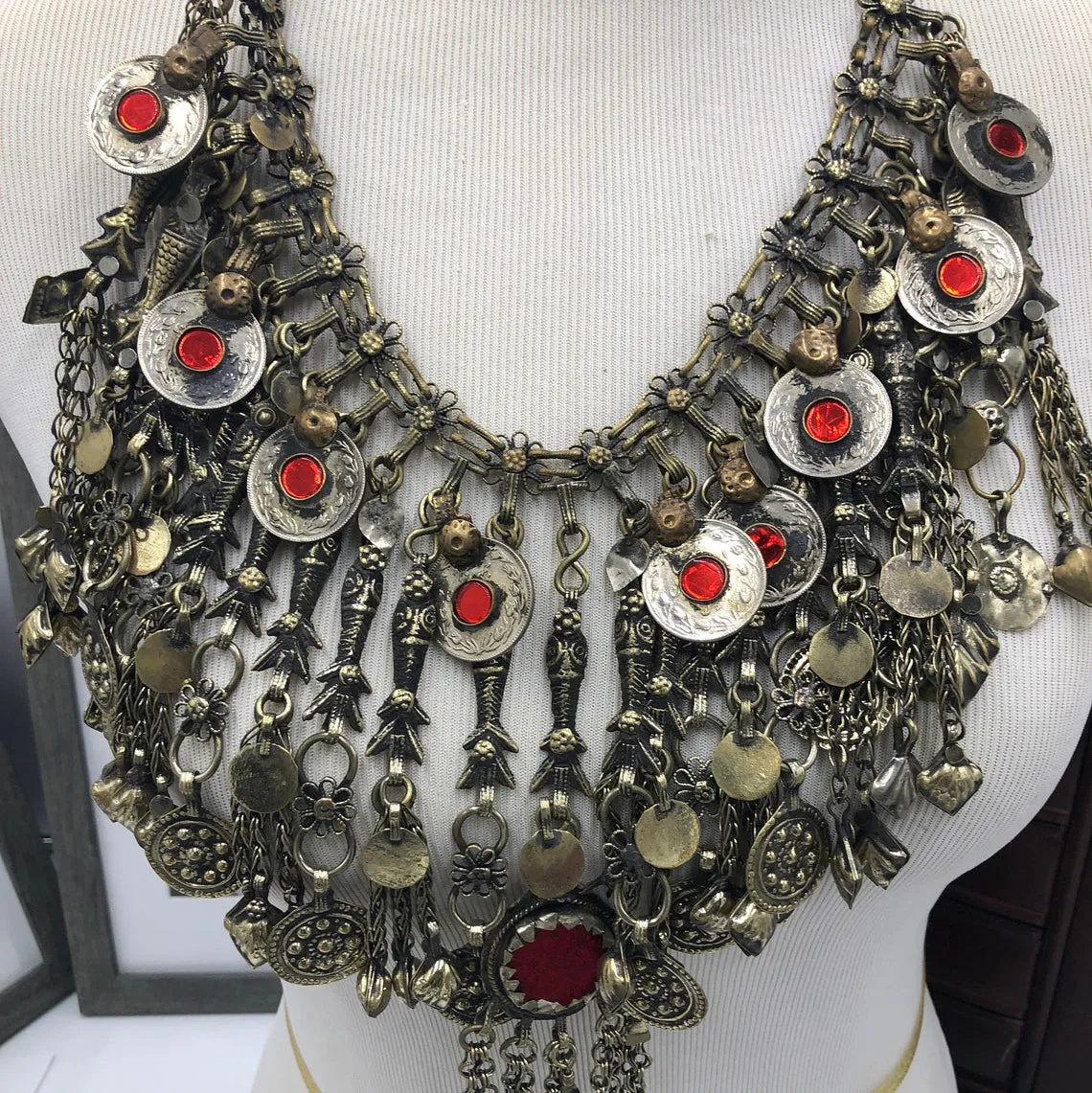 Oversized Bib Necklace With Glass Stones and Dangling Tassels