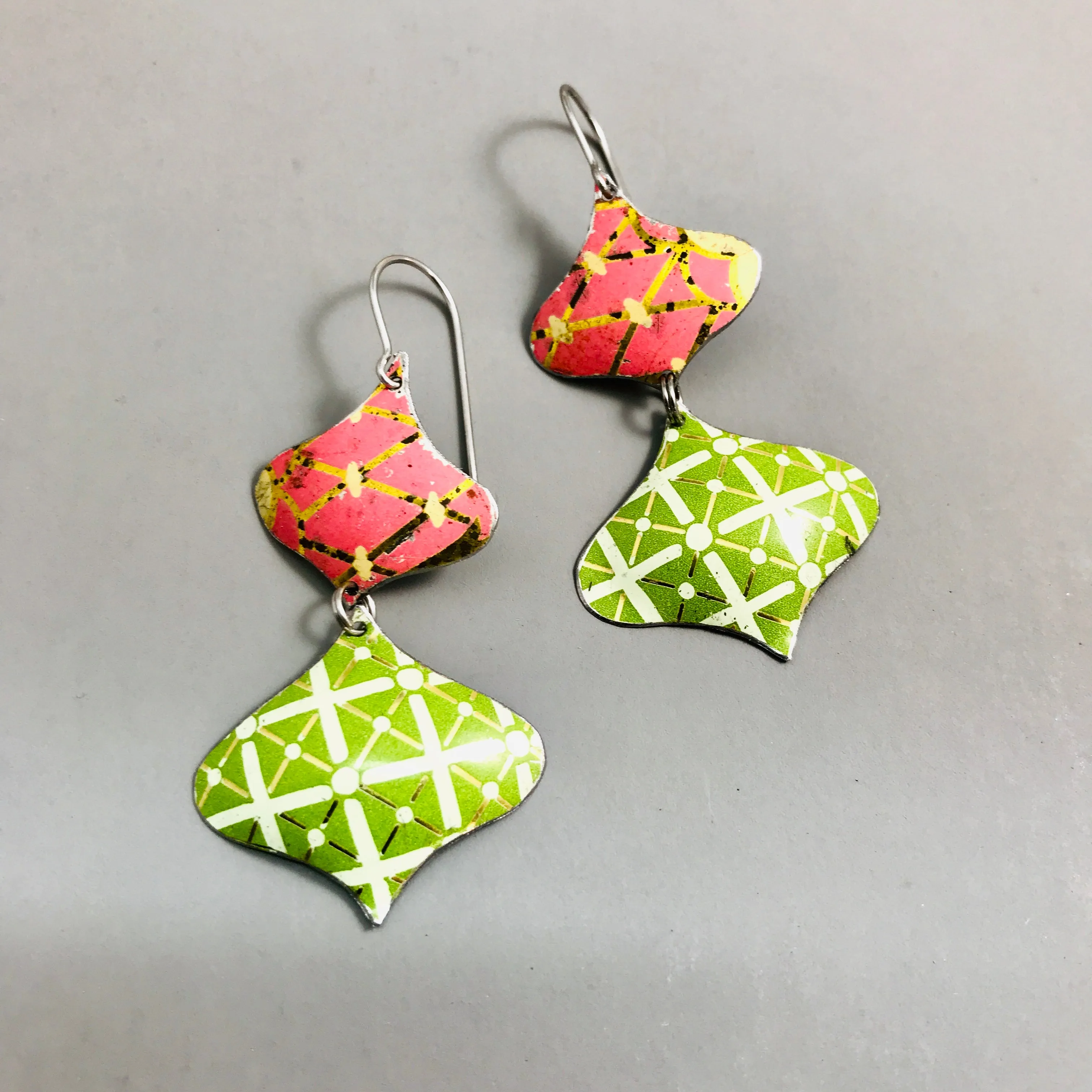 Pink and Green Lattice Rex Ray Zero Waste Tin Earrings