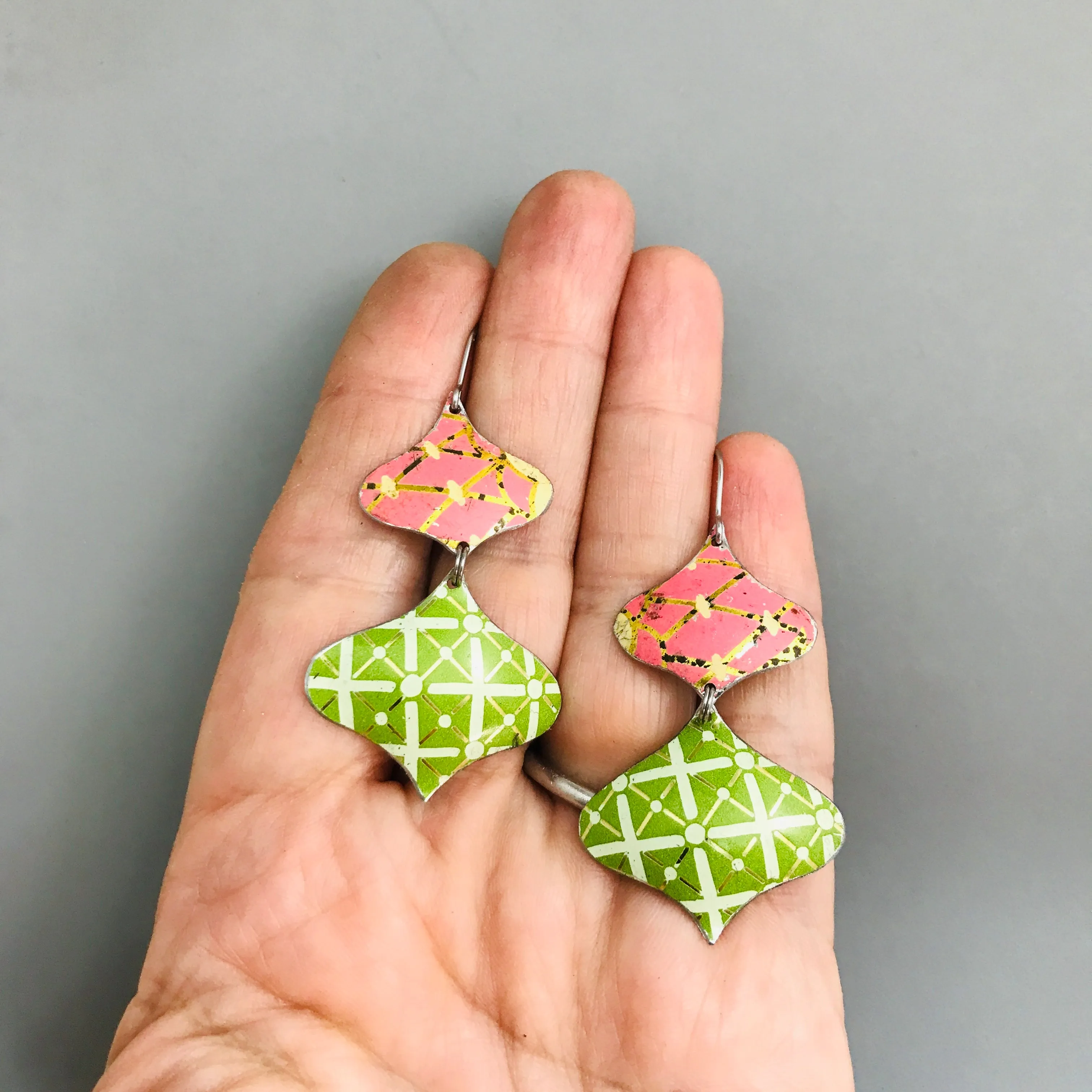 Pink and Green Lattice Rex Ray Zero Waste Tin Earrings
