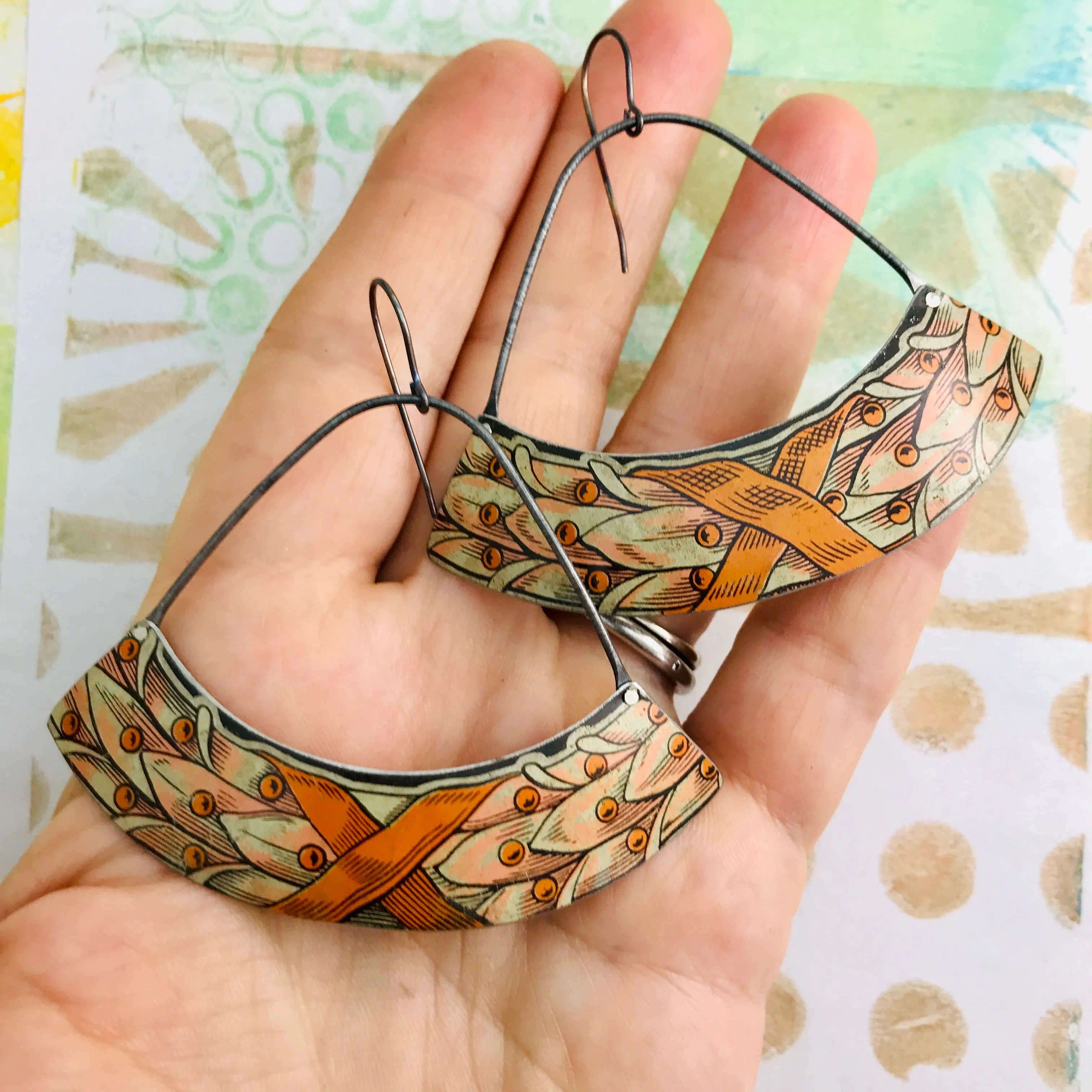 Pink Laurel Leaves Wide Arc Zero Waste Earrings