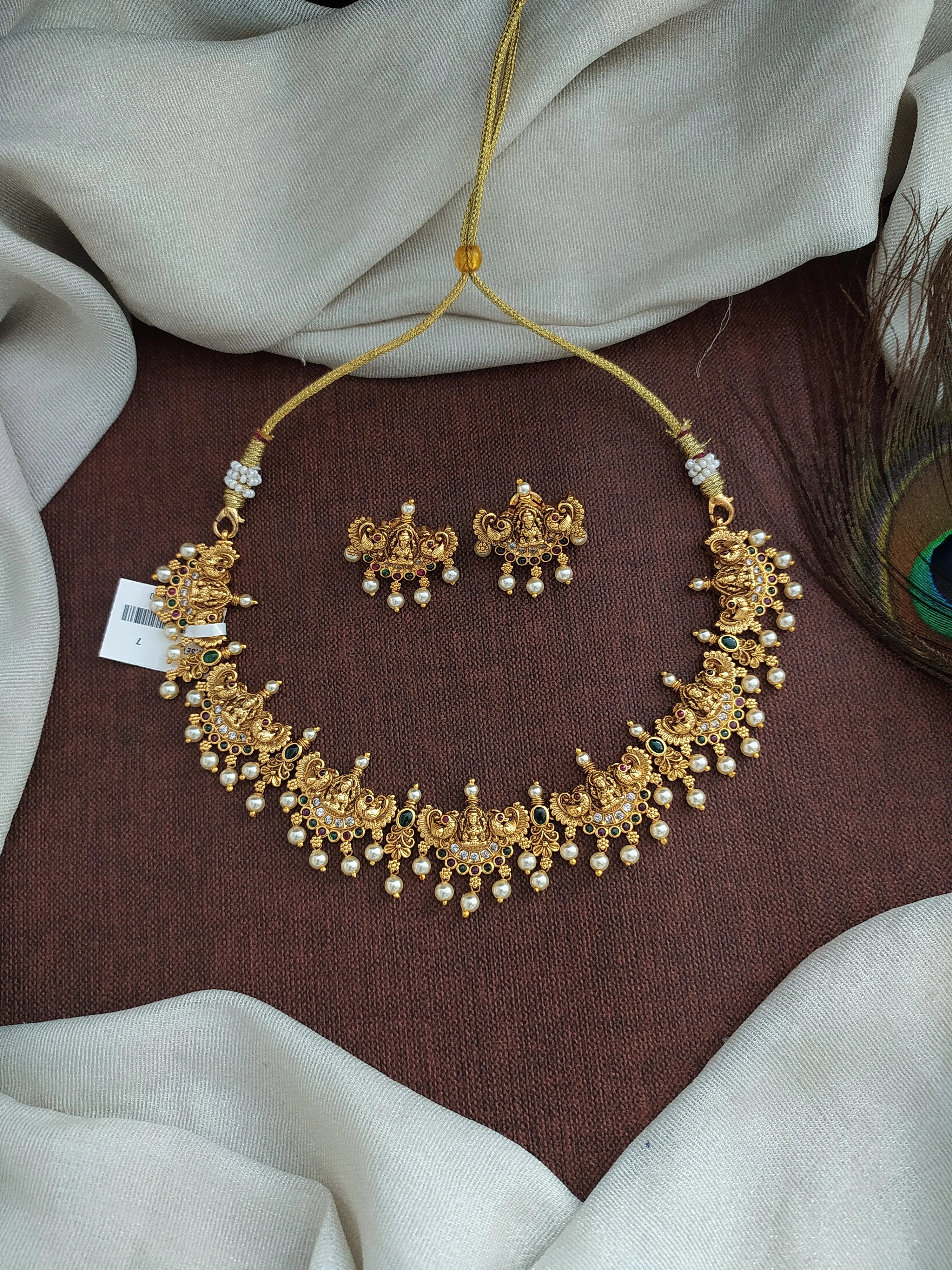 "Simple Antique Lakshmi Necklace Set with Pearls and Nagas Work"