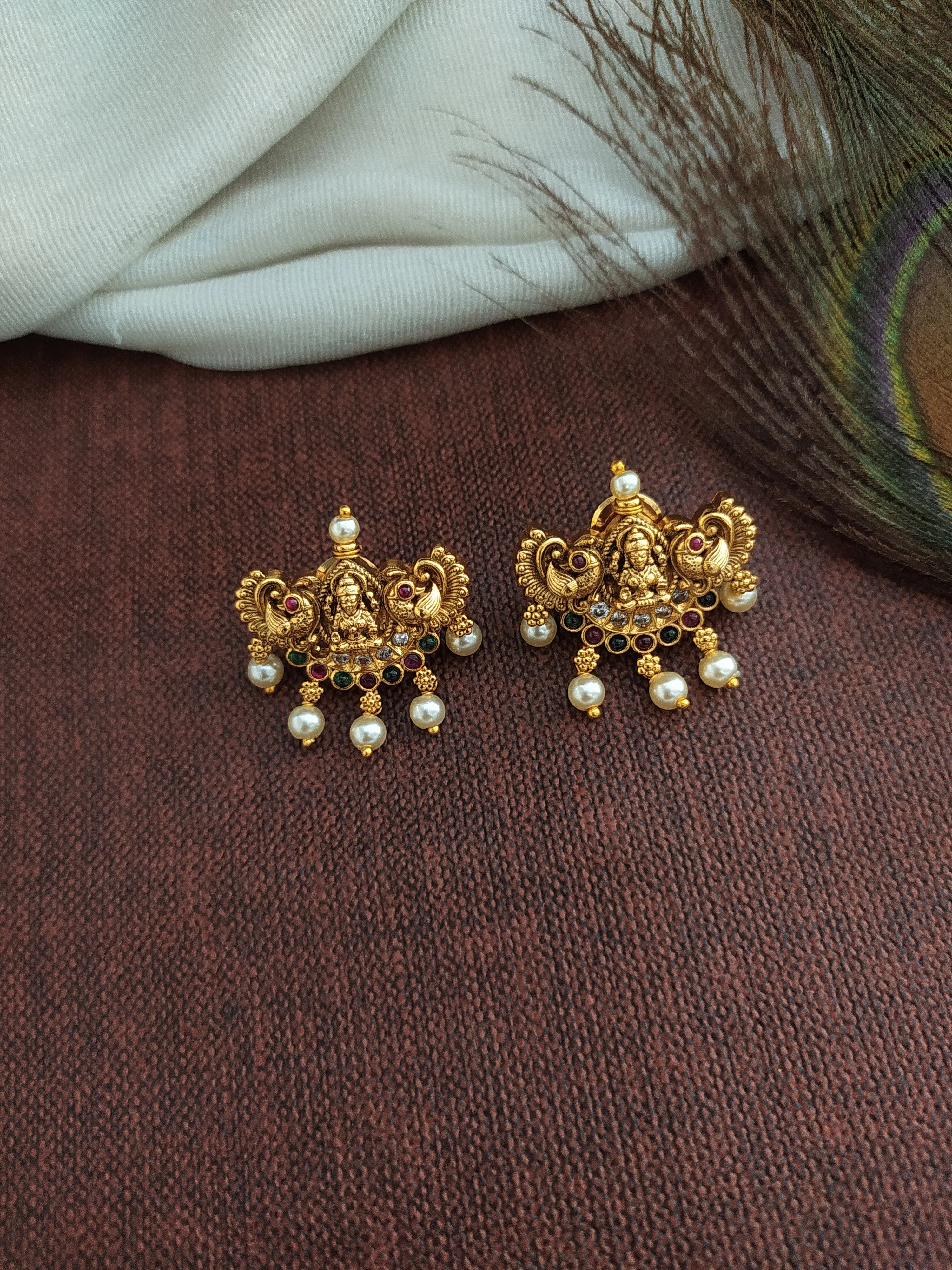 "Simple Antique Lakshmi Necklace Set with Pearls and Nagas Work"