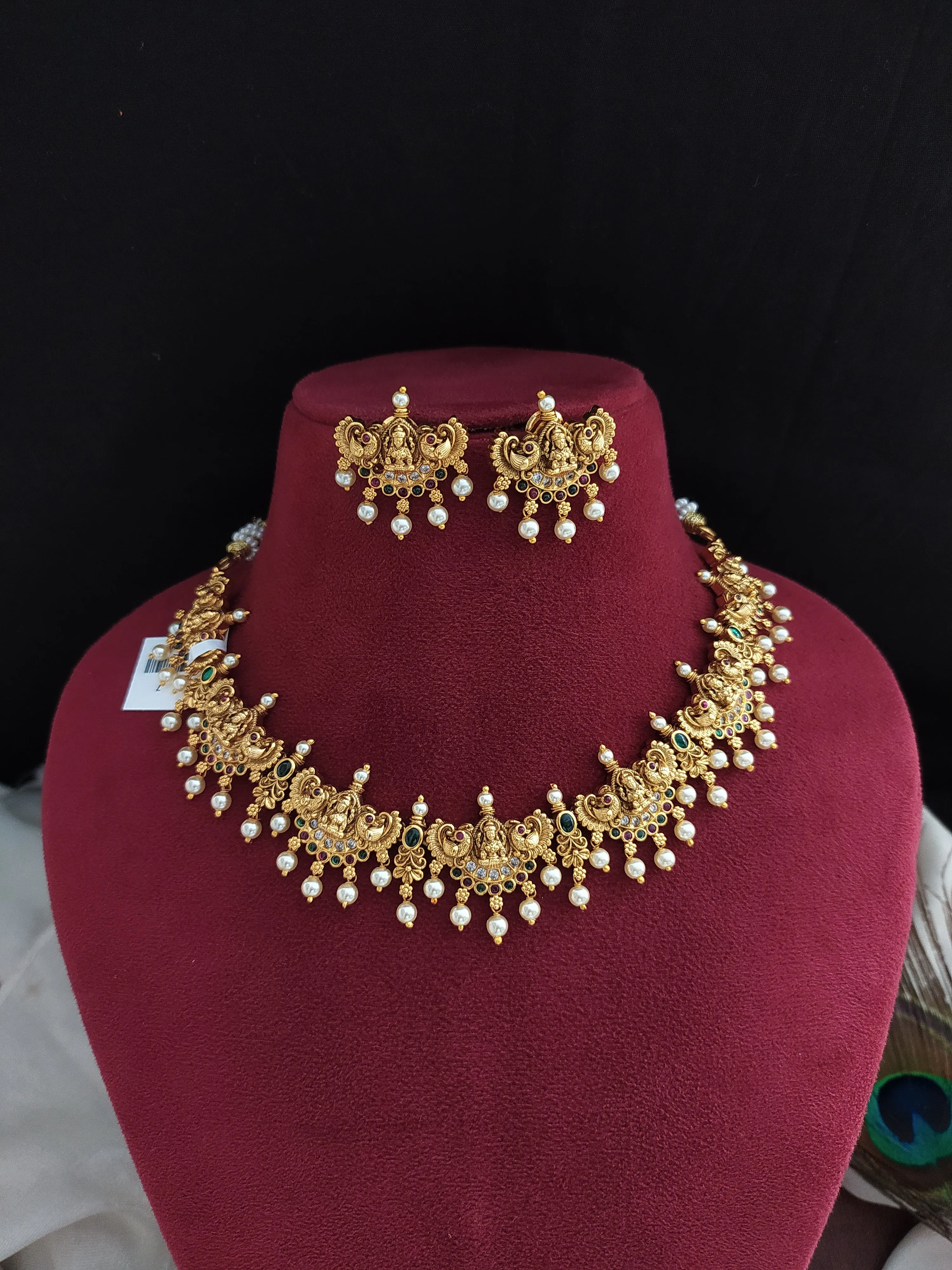 "Simple Antique Lakshmi Necklace Set with Pearls and Nagas Work"