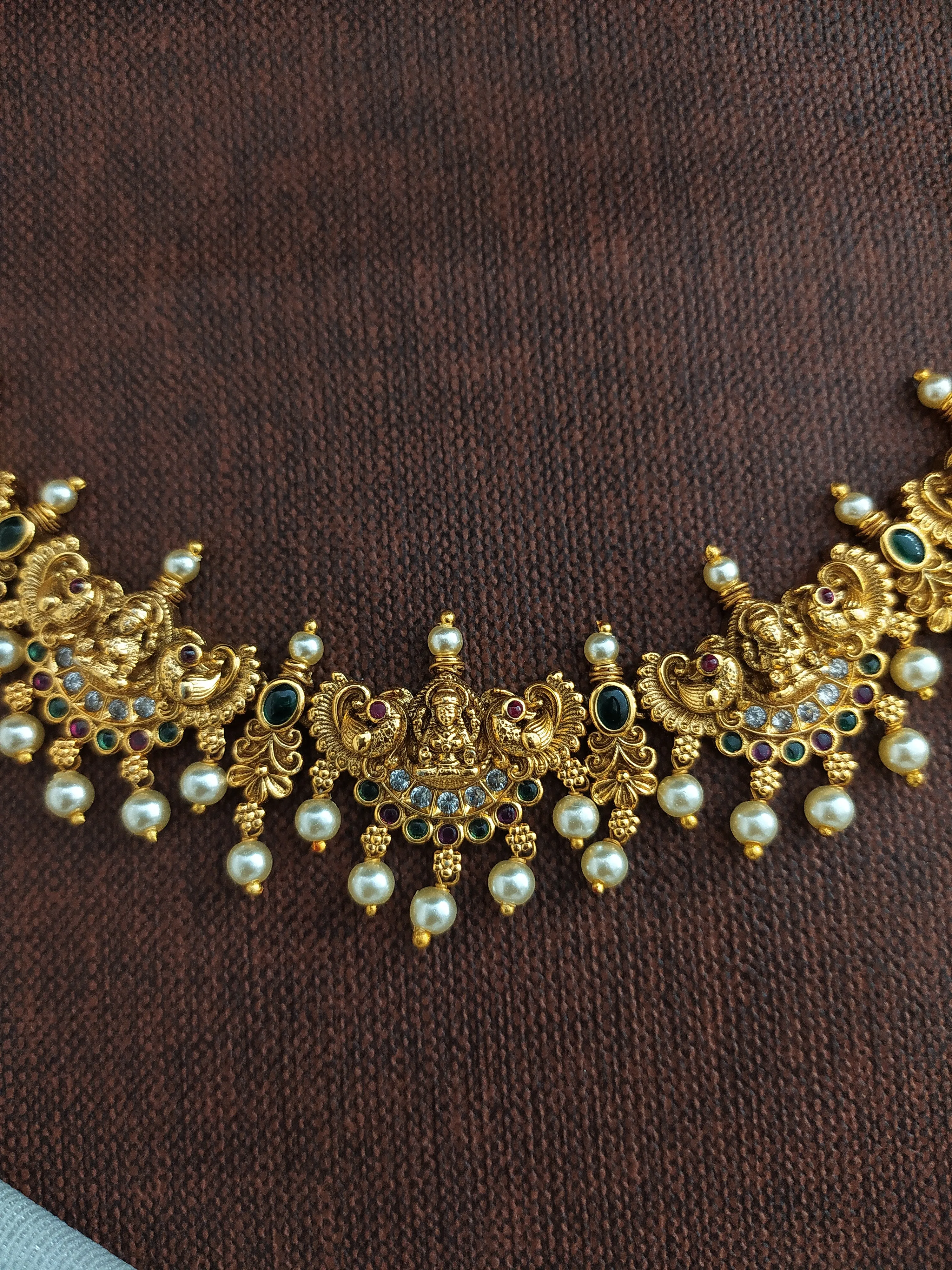 "Simple Antique Lakshmi Necklace Set with Pearls and Nagas Work"