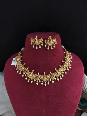 "Simple Antique Lakshmi Necklace Set with Pearls and Nagas Work"