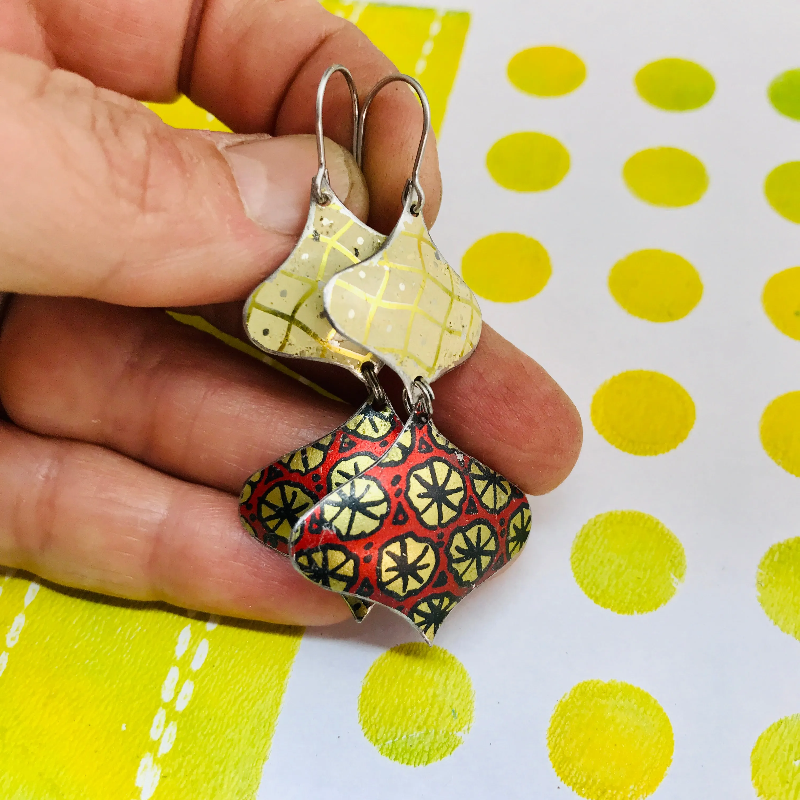 Red and Golds Rex Ray Zero Waste Tin Earrings