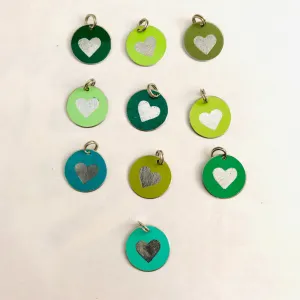 RESERVED 10 Etched Silver Heart on Green Upcycled Tin Necklace