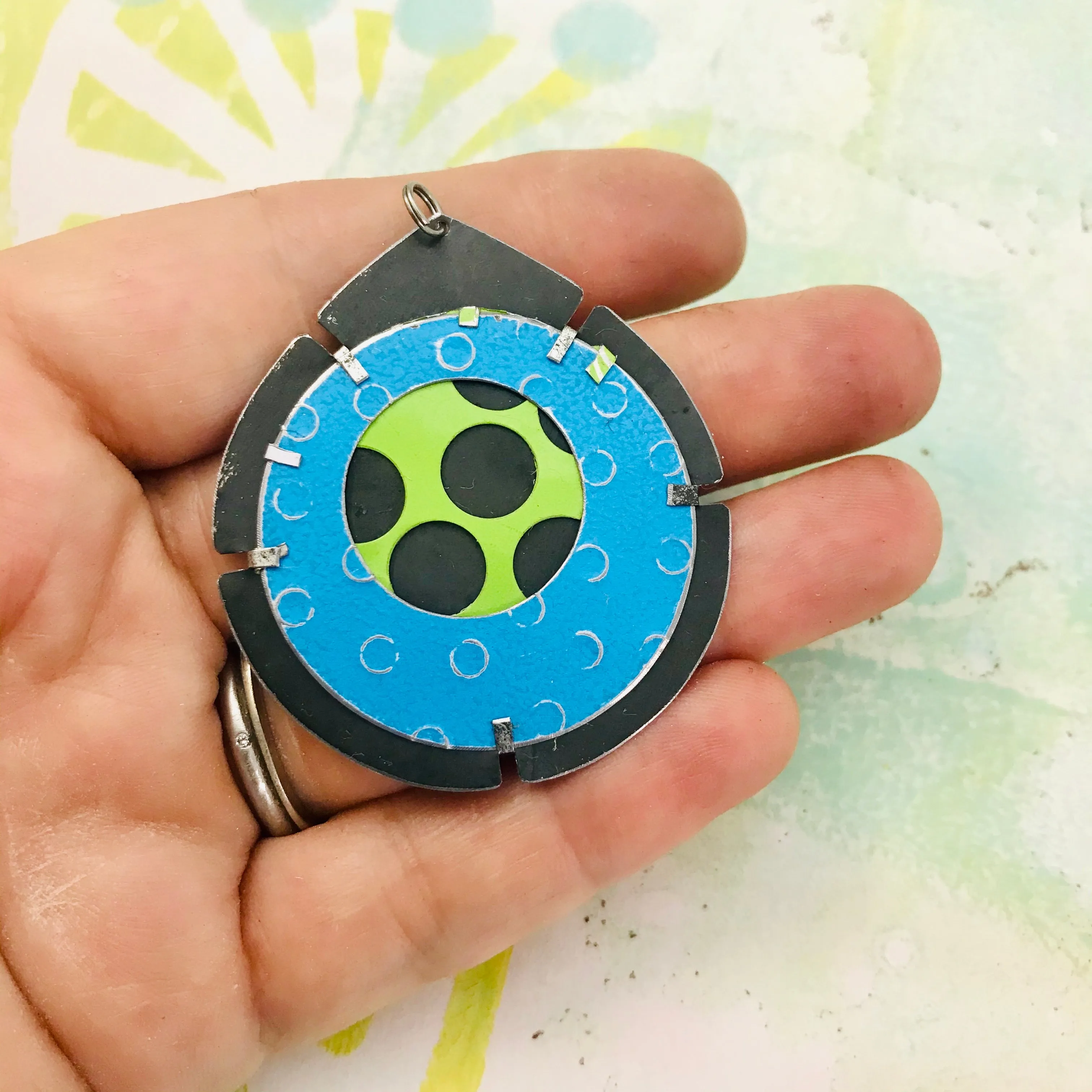 RESERVED Encircled Chartreuse in Bright Blue Upcycled Tin Earrings