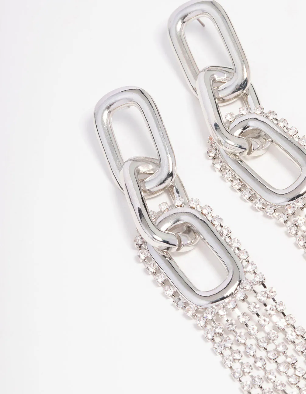 Rhodium Chain Diamante Cupchain Drop Earrings