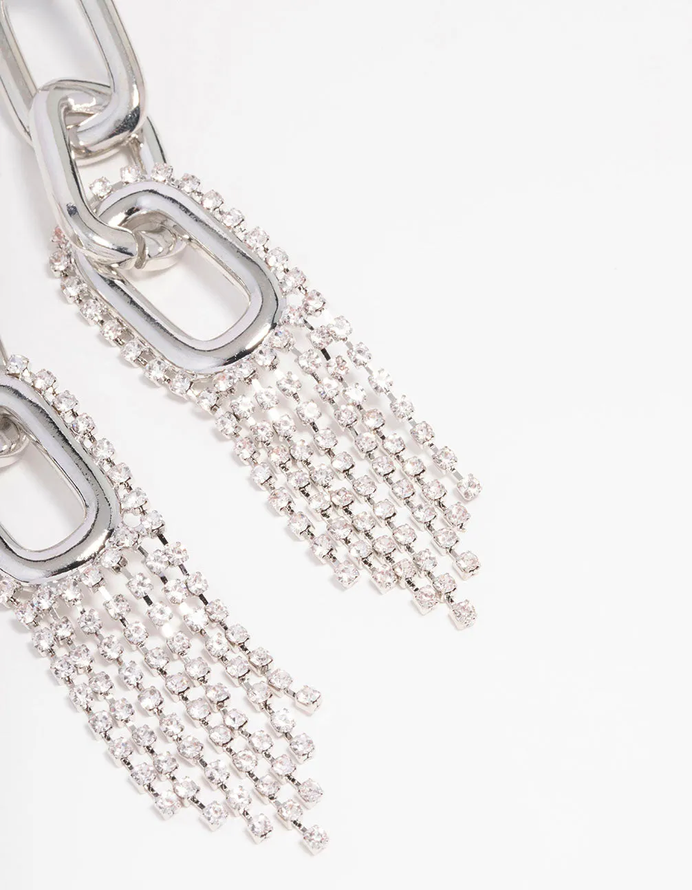 Rhodium Chain Diamante Cupchain Drop Earrings