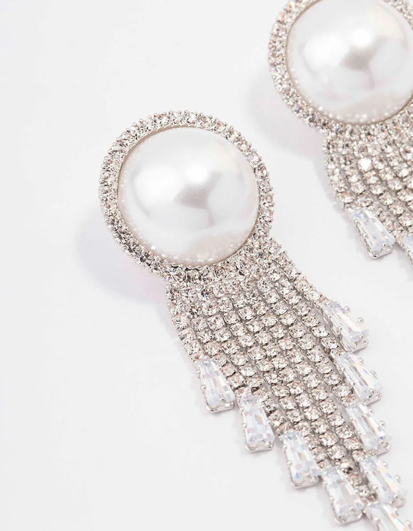 Rhodium Oversized Pearl Cup Chain Diamante Earrings