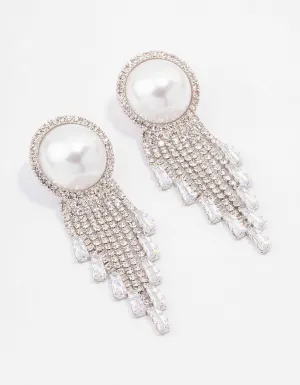 Rhodium Oversized Pearl Cup Chain Diamante Earrings