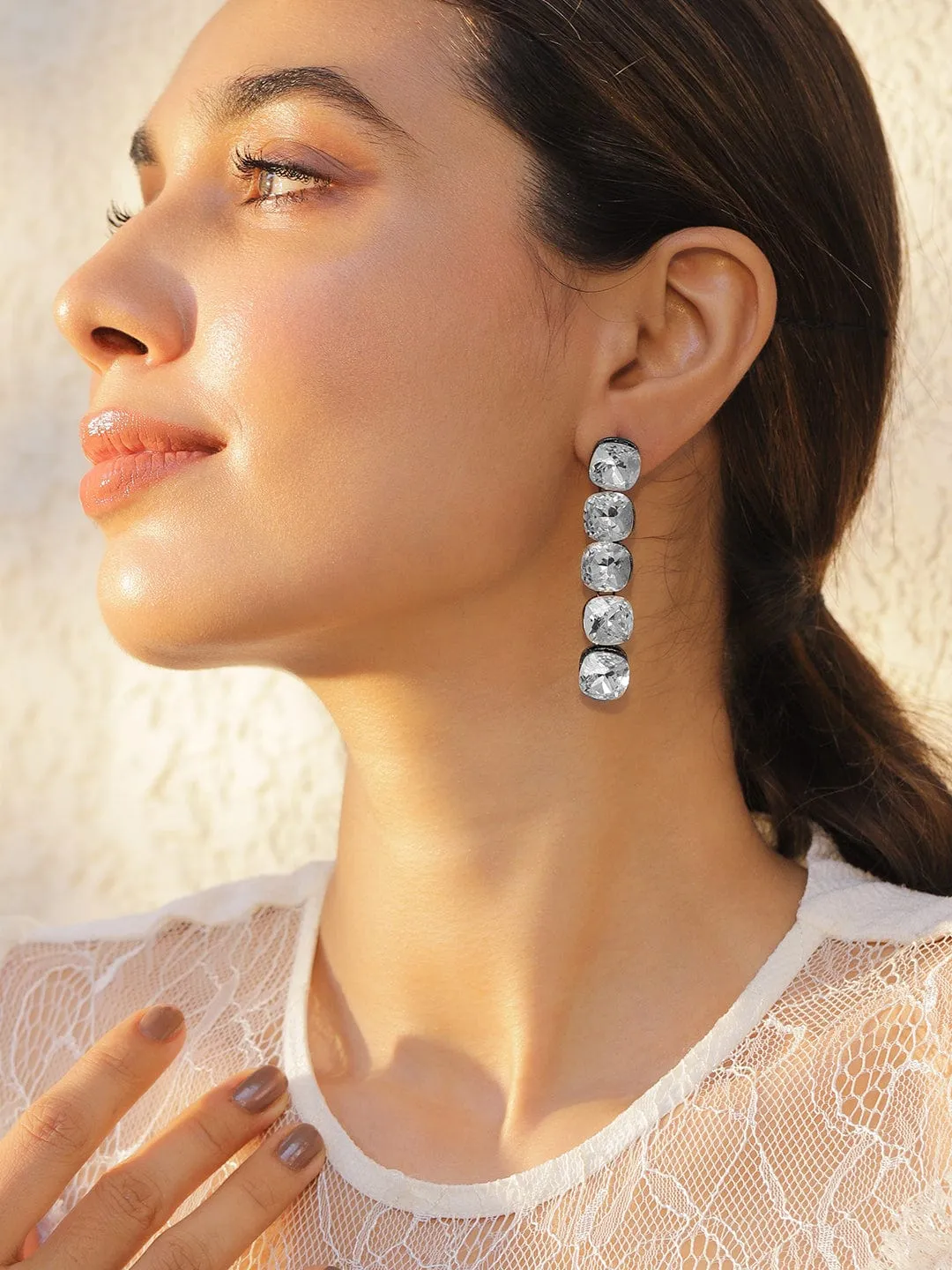 Rhodium Plated Crystal Zirconia Studded Statement Drop Earrings