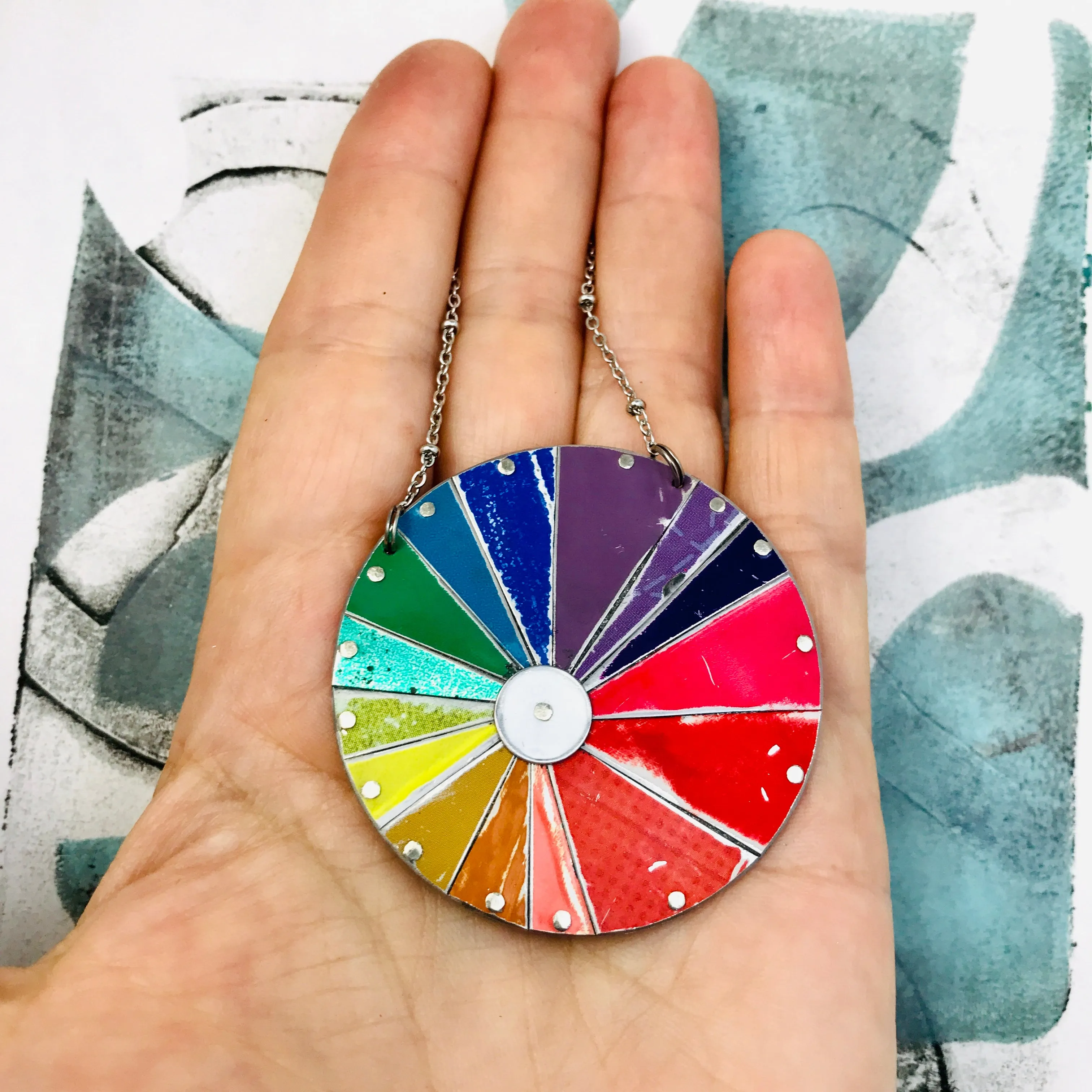 Round Rainbow Tin Color Wheel Necklace