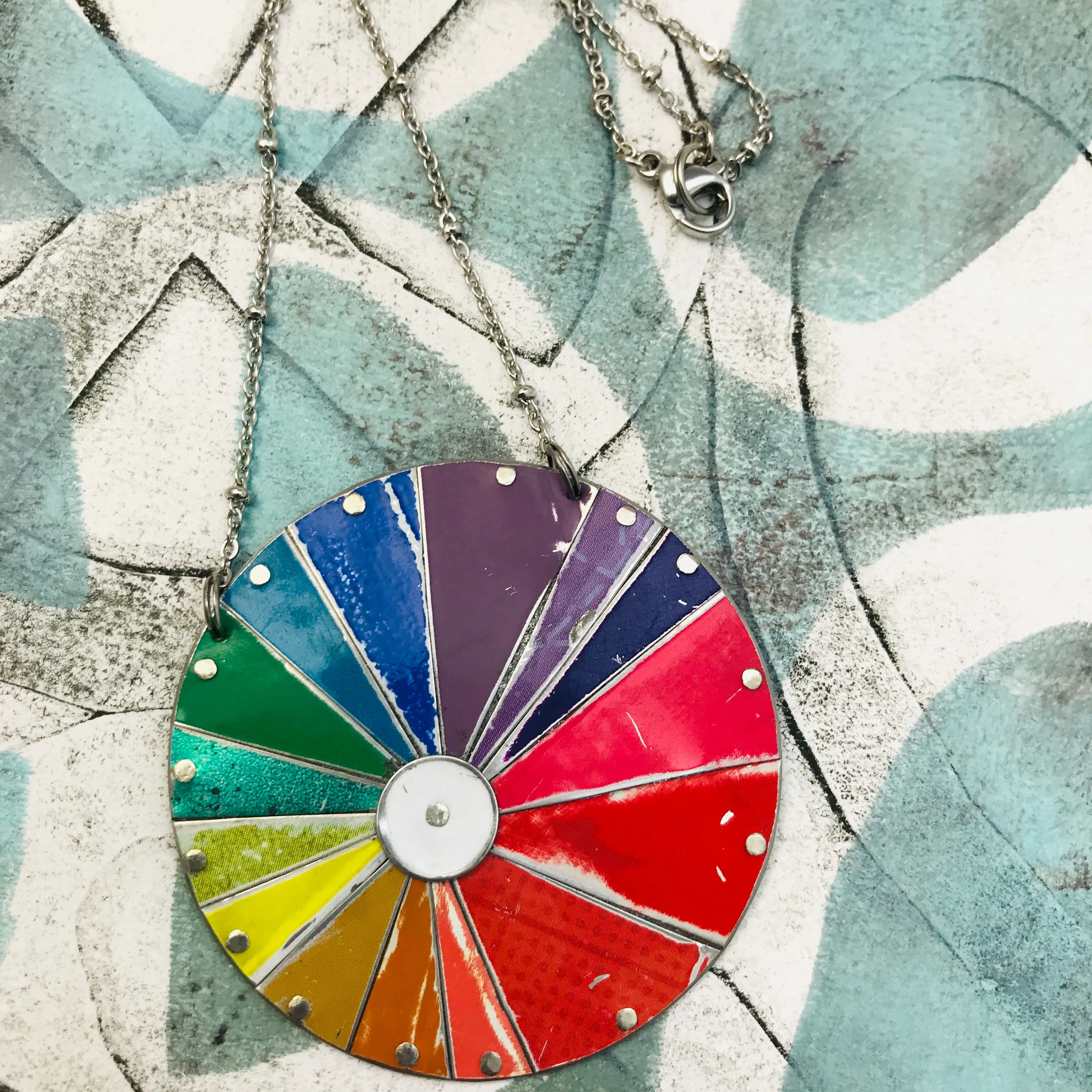 Round Rainbow Tin Color Wheel Necklace