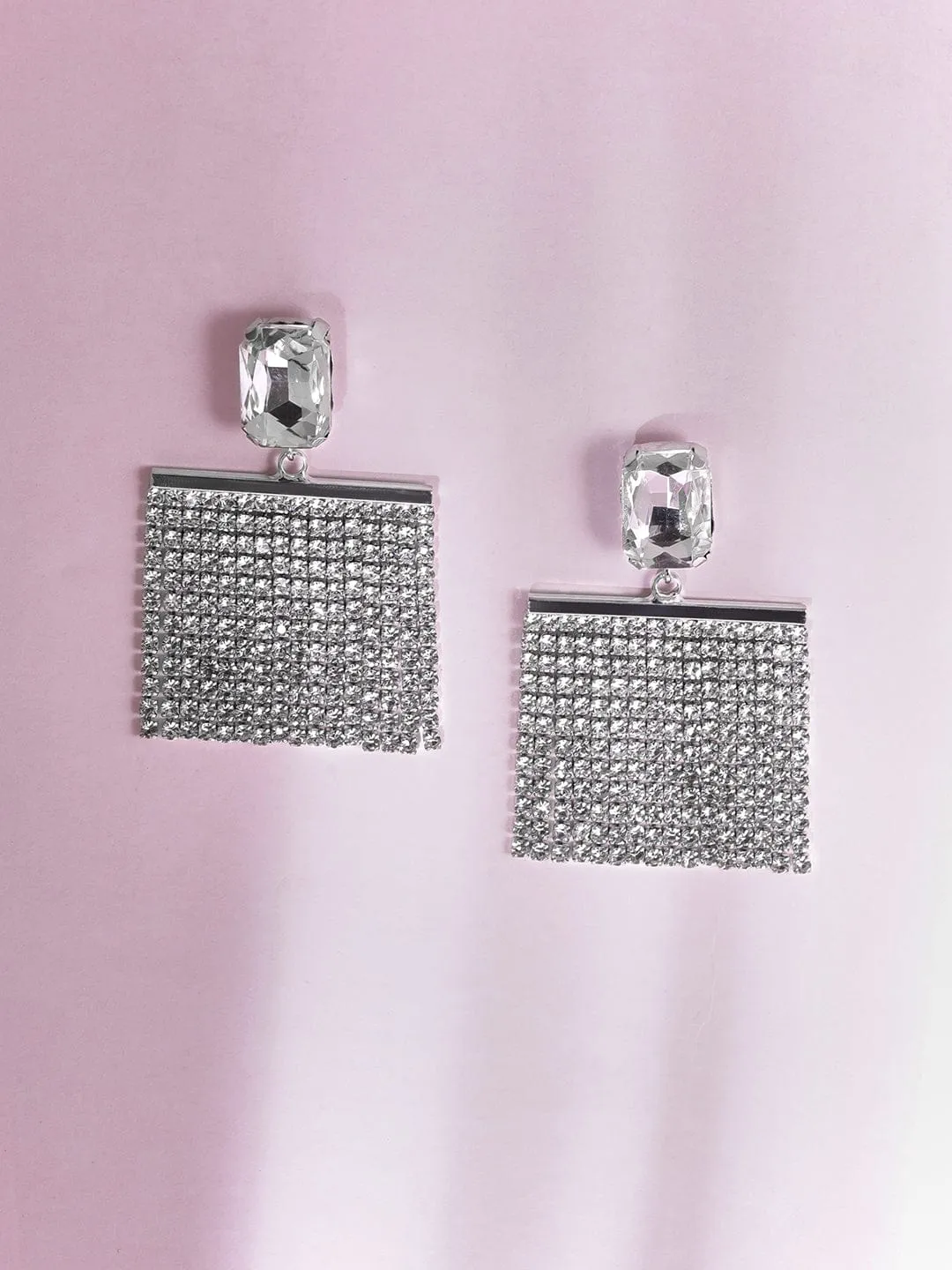 Rubans Silver-Plated Glamorous AD & Cubic Zirconia Studded Multilayered Drop Earrings