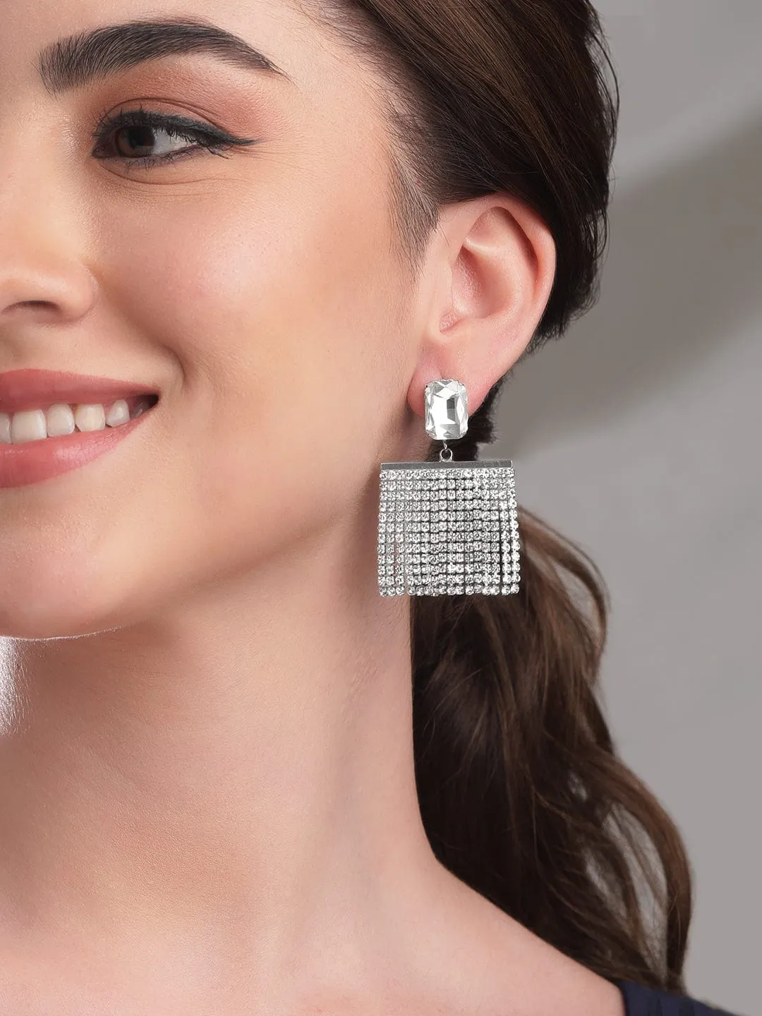 Rubans Silver-Plated Glamorous AD & Cubic Zirconia Studded Multilayered Drop Earrings