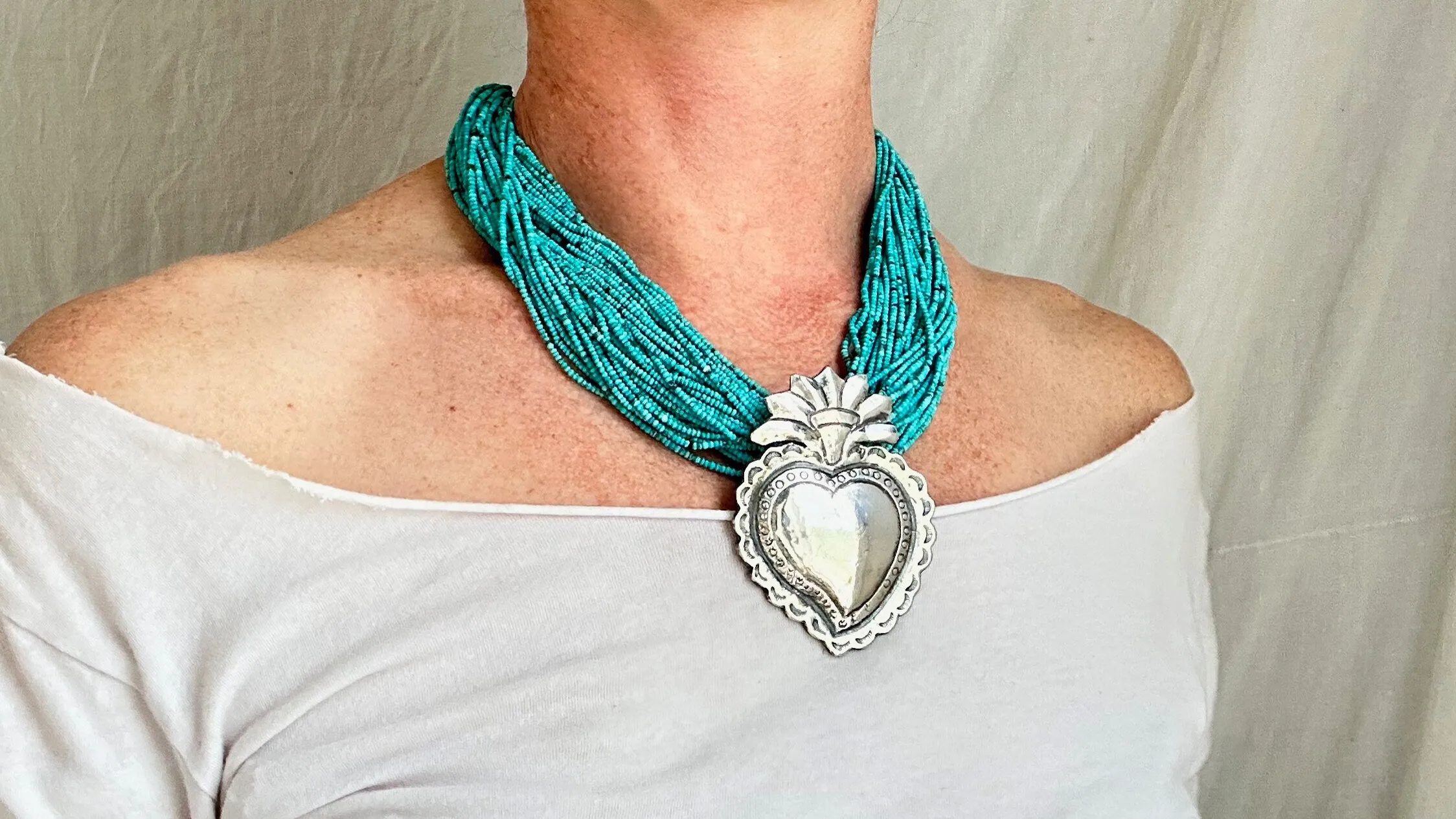 Sacred Heart Pendant Multi-Strand Necklace. Sterling Silver. Howlite. 1376
