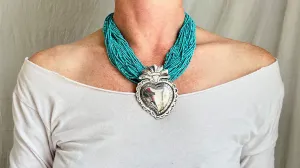 Sacred Heart Pendant Multi-Strand Necklace. Sterling Silver. Howlite. 1376