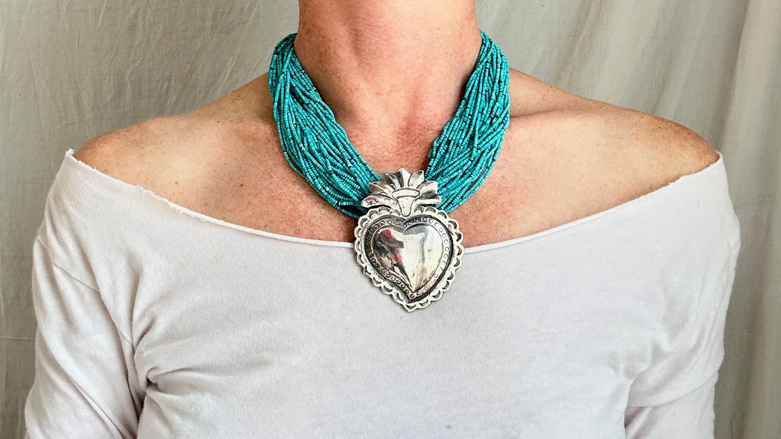 Sacred Heart Pendant Multi-Strand Necklace. Sterling Silver. Howlite. 1376
