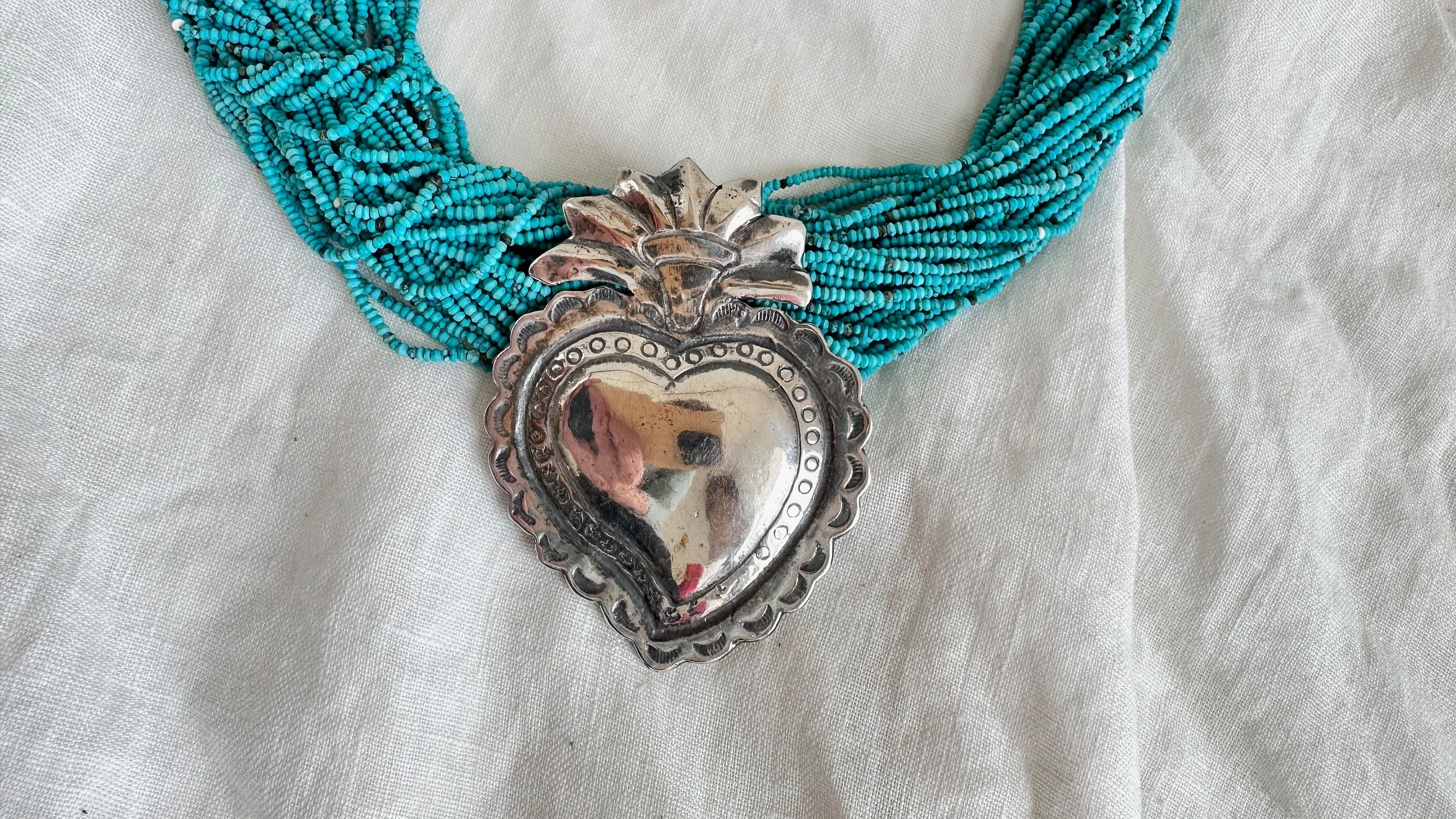 Sacred Heart Pendant Multi-Strand Necklace. Sterling Silver. Howlite. 1376