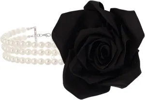 Satin Rose Pearl Choker Necklace 3-Strand Layered Design Flower Brooch Collar Chain Multi-Color Options Vintage Faux Pearl Thick Neck Jewelry for Women